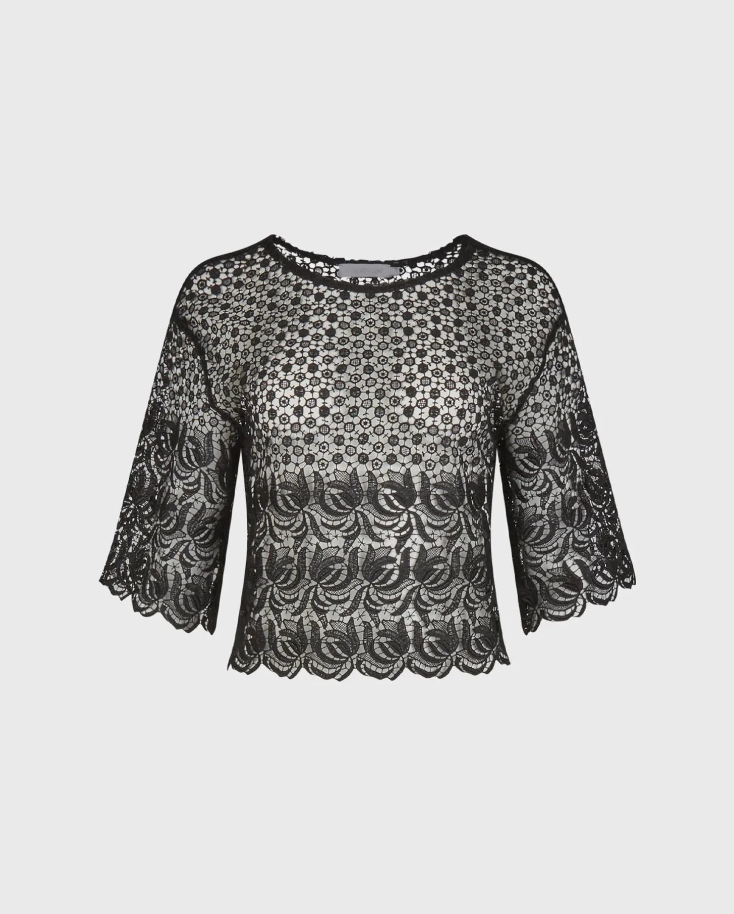 Discover the OXANA Black Crop Sheer Mesh Embroidered Lace Top from designer ANNE FONTAINE