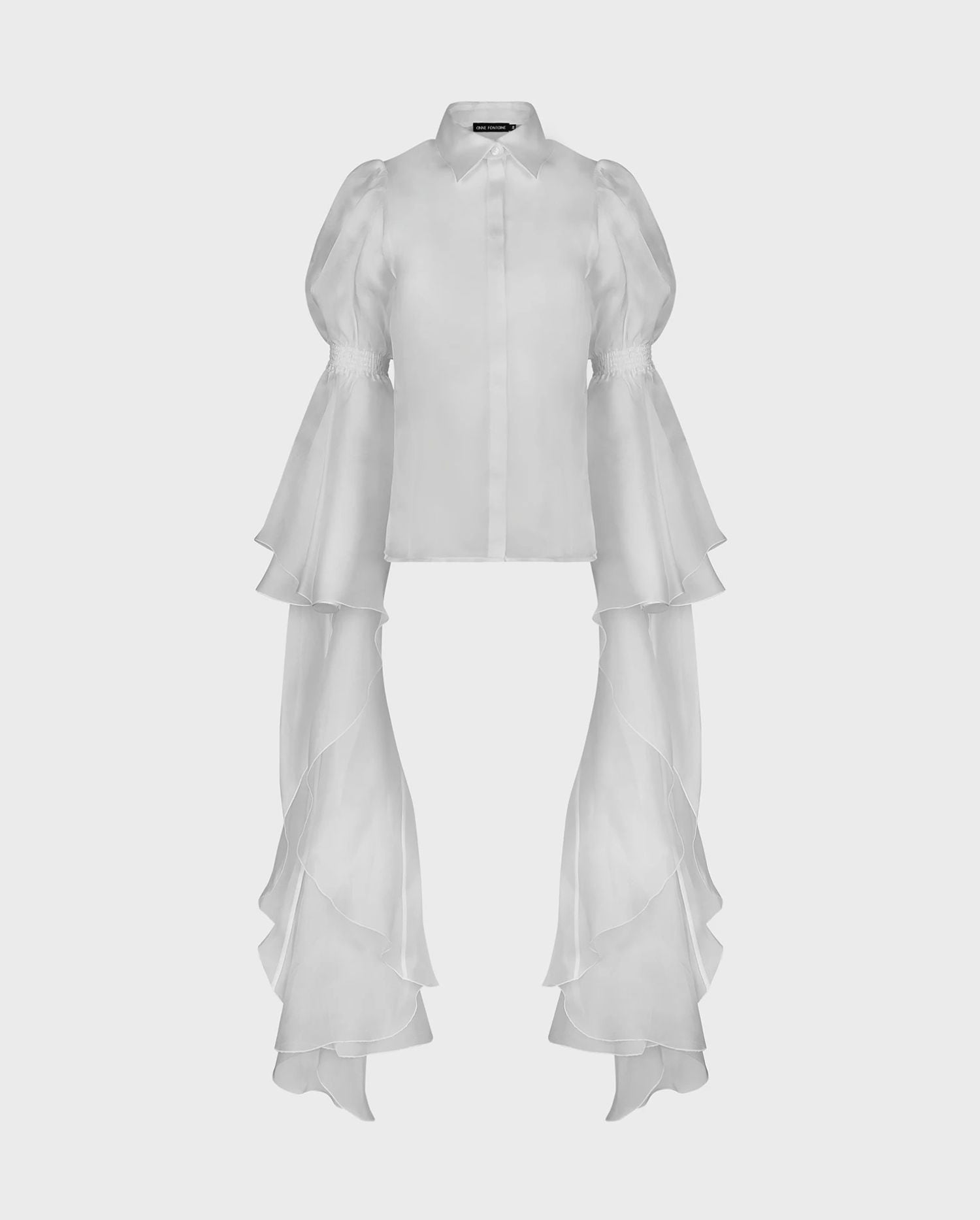 Discover the Paris White Sheer Silk Collared Blouse With Exaggerated Sleeves from designer Anne Fontaine