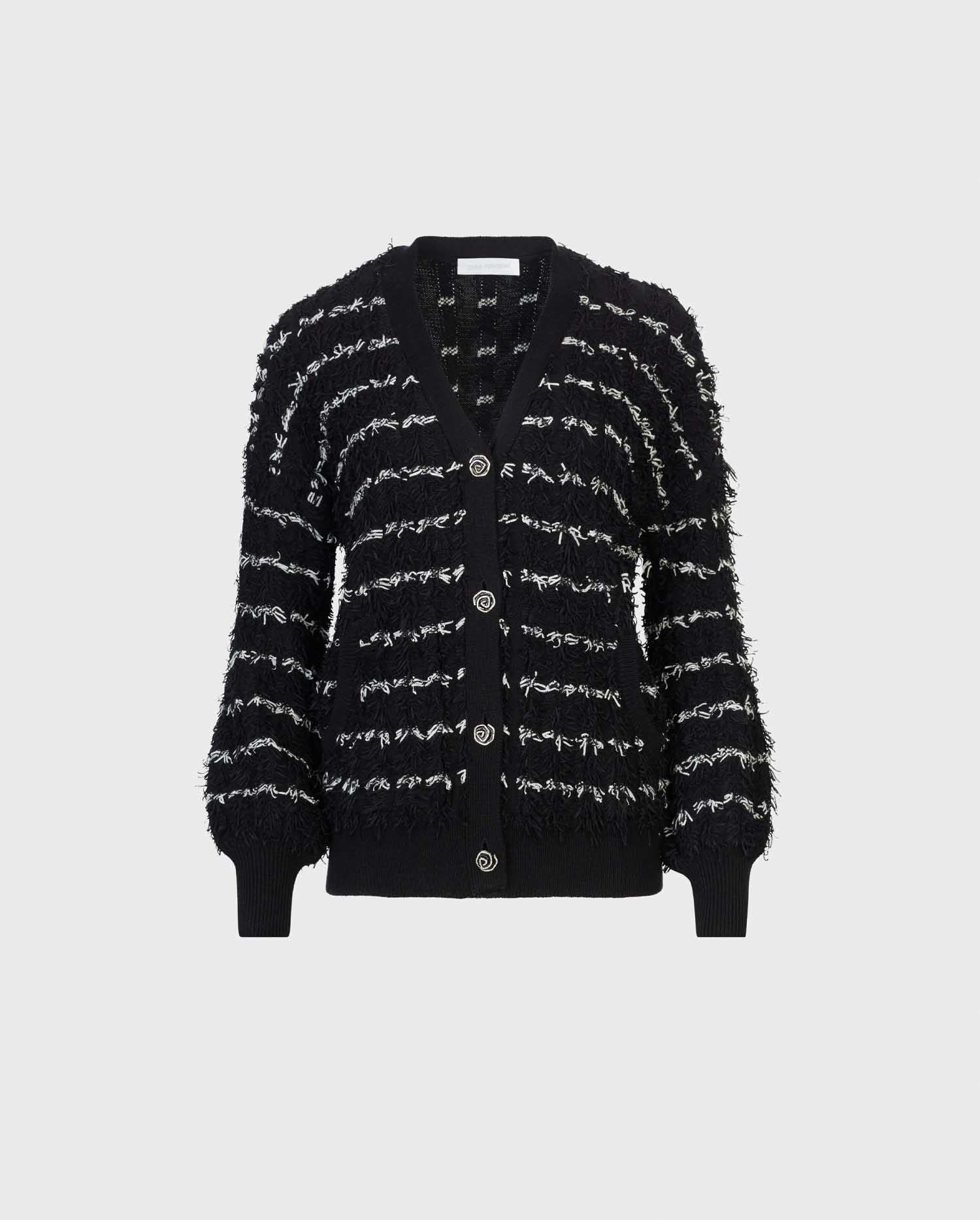 Shop the Black Parnasse Long Sleeve V-Neck Cardigan With Black and White Textured Trim from designer Anne Fontaine
