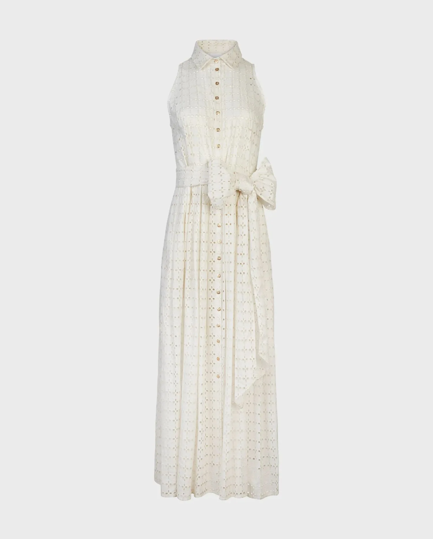 Discover the Pictural Long Cream Embroidered Eyelet Sleeveless Shirt Dress With Waist Belt from designer ANNE FONTAINE