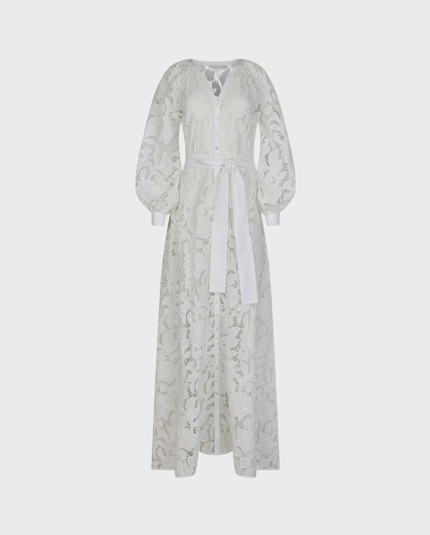 Discover the Elenia White Corded Floral Lace Maxi Dress With French Cuffs & Removable Belt from designer ANNE FONTAINE