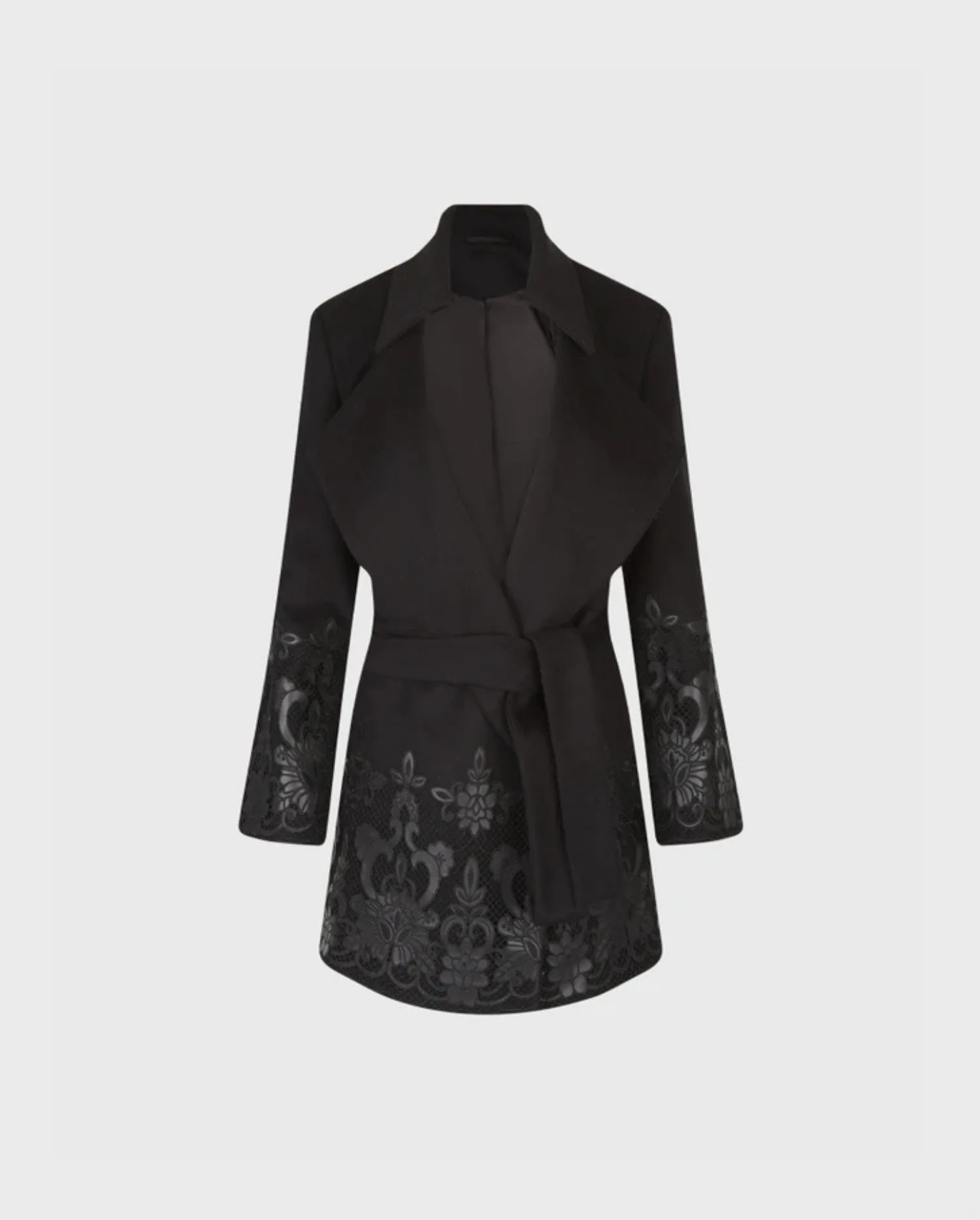 Discover the Jord Black Wool Peacoat with Faux Leather Embroidery by designer ANNE FONTAINE