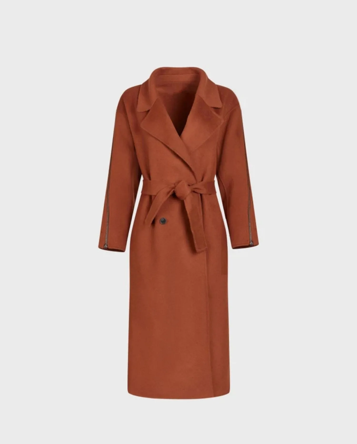 Discover the GALLERY Brown Long Double Breasted Wool Coat With Zipper Sleeves and Tie-Waist Belt by designer ANNE FONTAINE