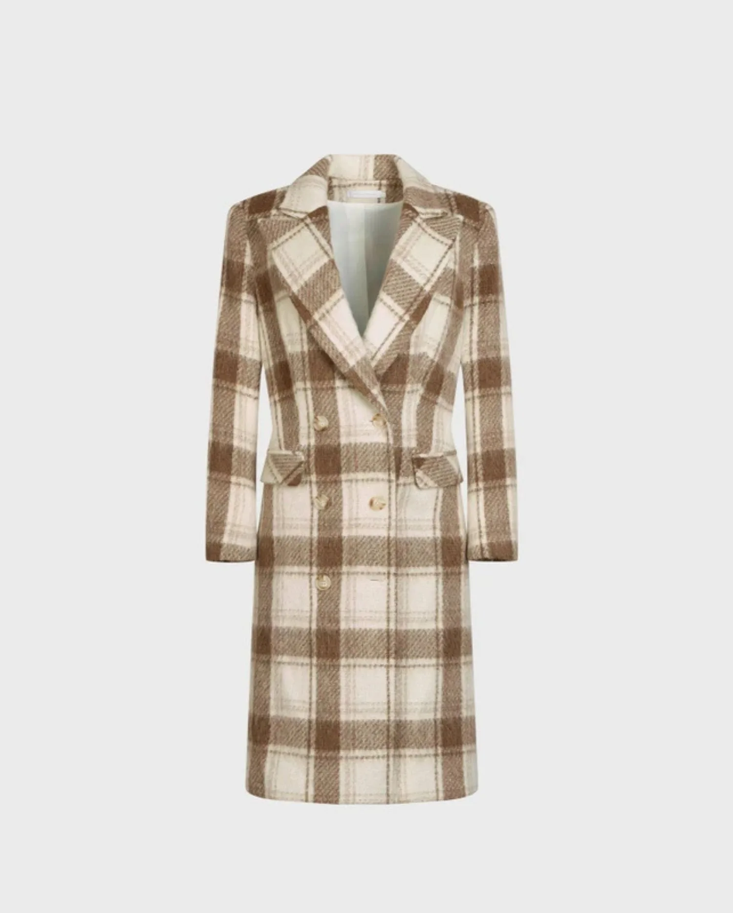 Discover the CONSUELO Tan Knee Length Checkered Patterned Wool Coat by designer ANNE FONTAINE