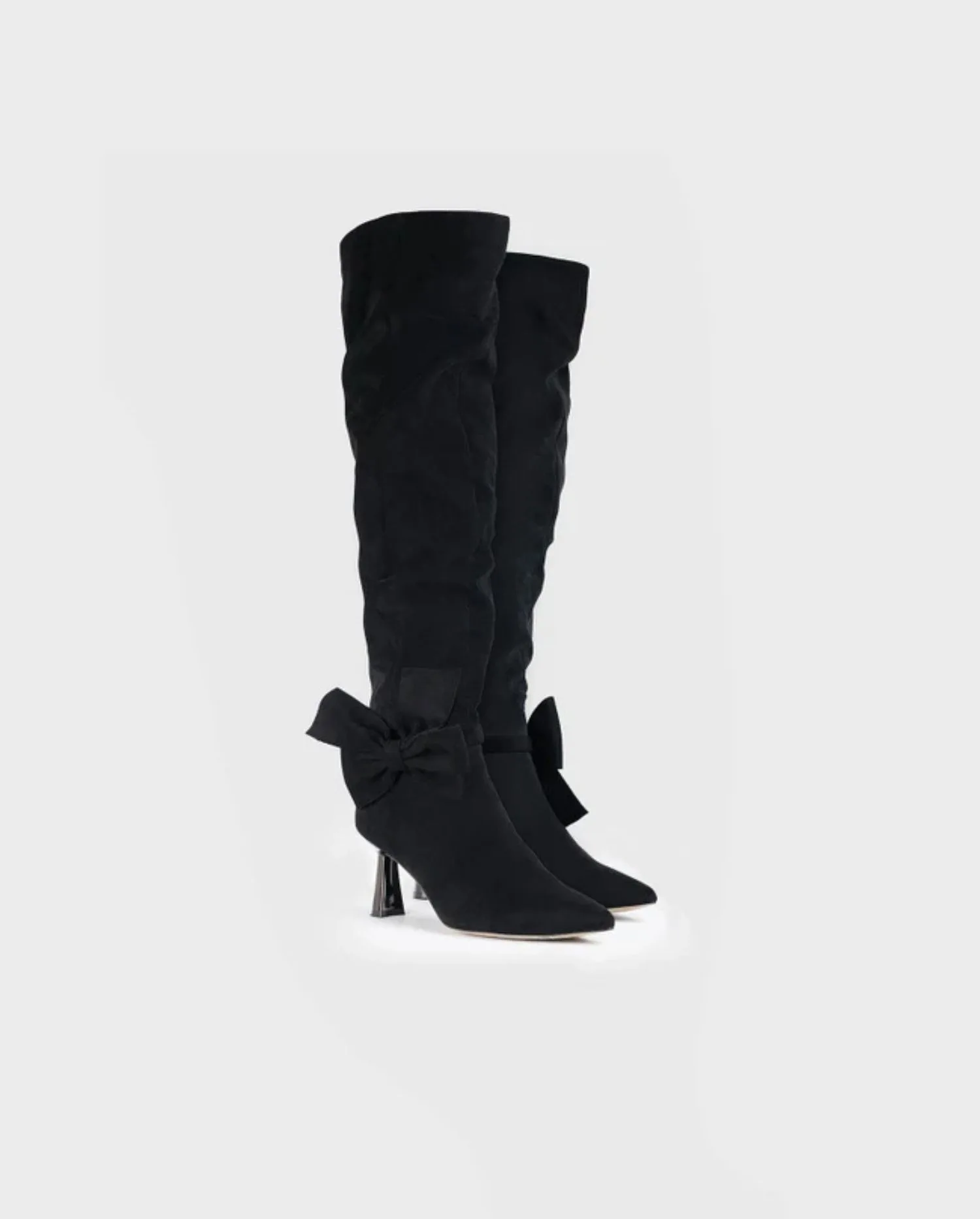 Discover the PREFACE Black Suede Knee High Boot With Removable Bow  by designer ANNE FONTAINE