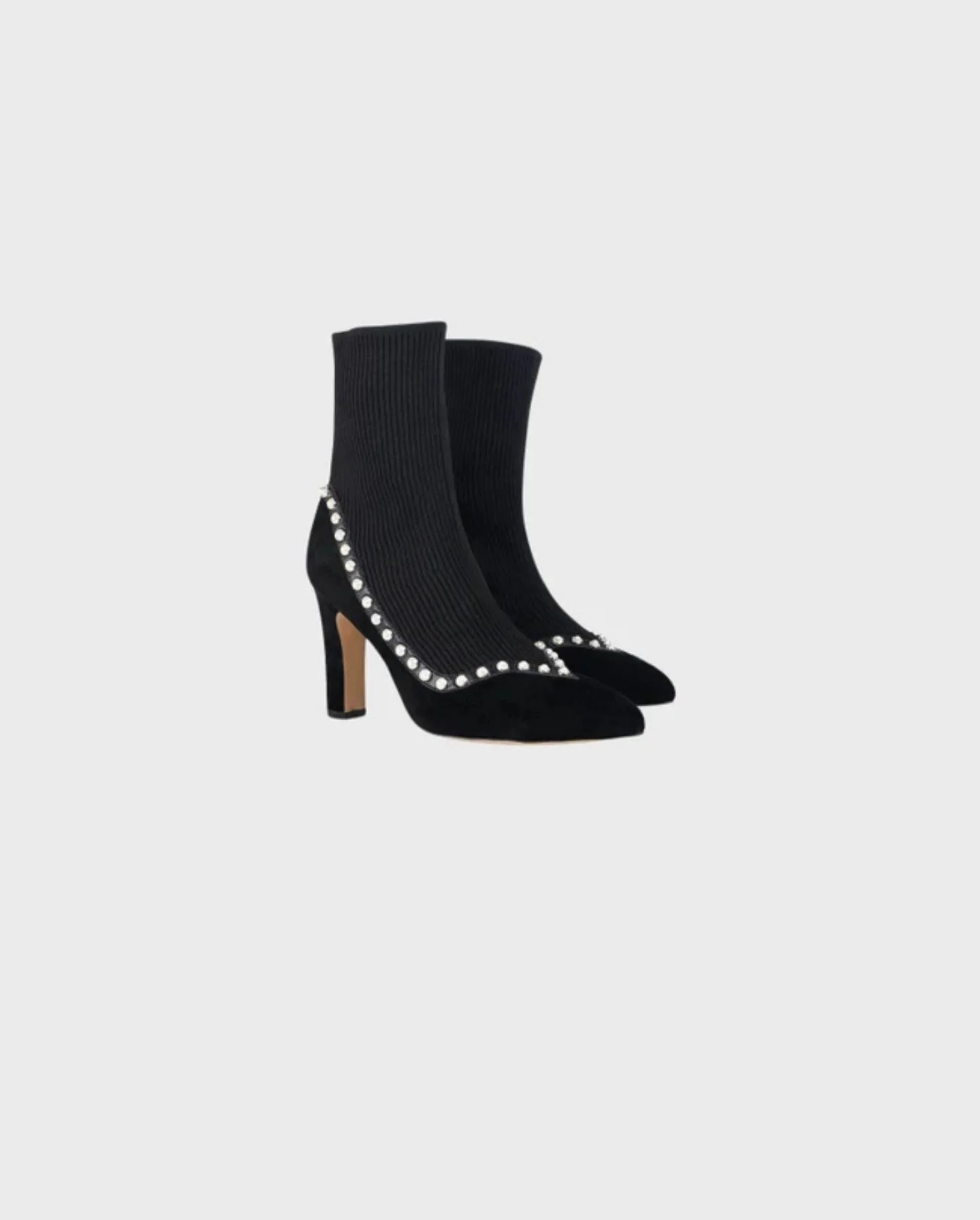 Discover the RIME Black Heel Sock Ankle Boot With Suede Trim & With Pearl Detailing by designer ANNE FONTAINE