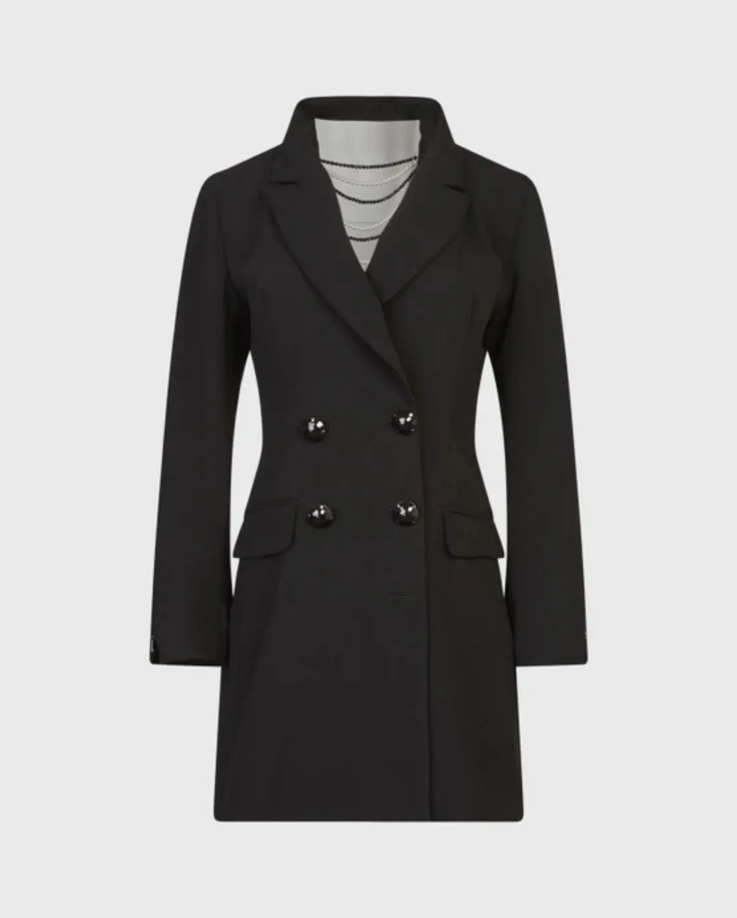 Discover the CHAMPAGNE Black Long Length Double Breasted Blazer With Flap Pockets by designer ANNE FONTAINE