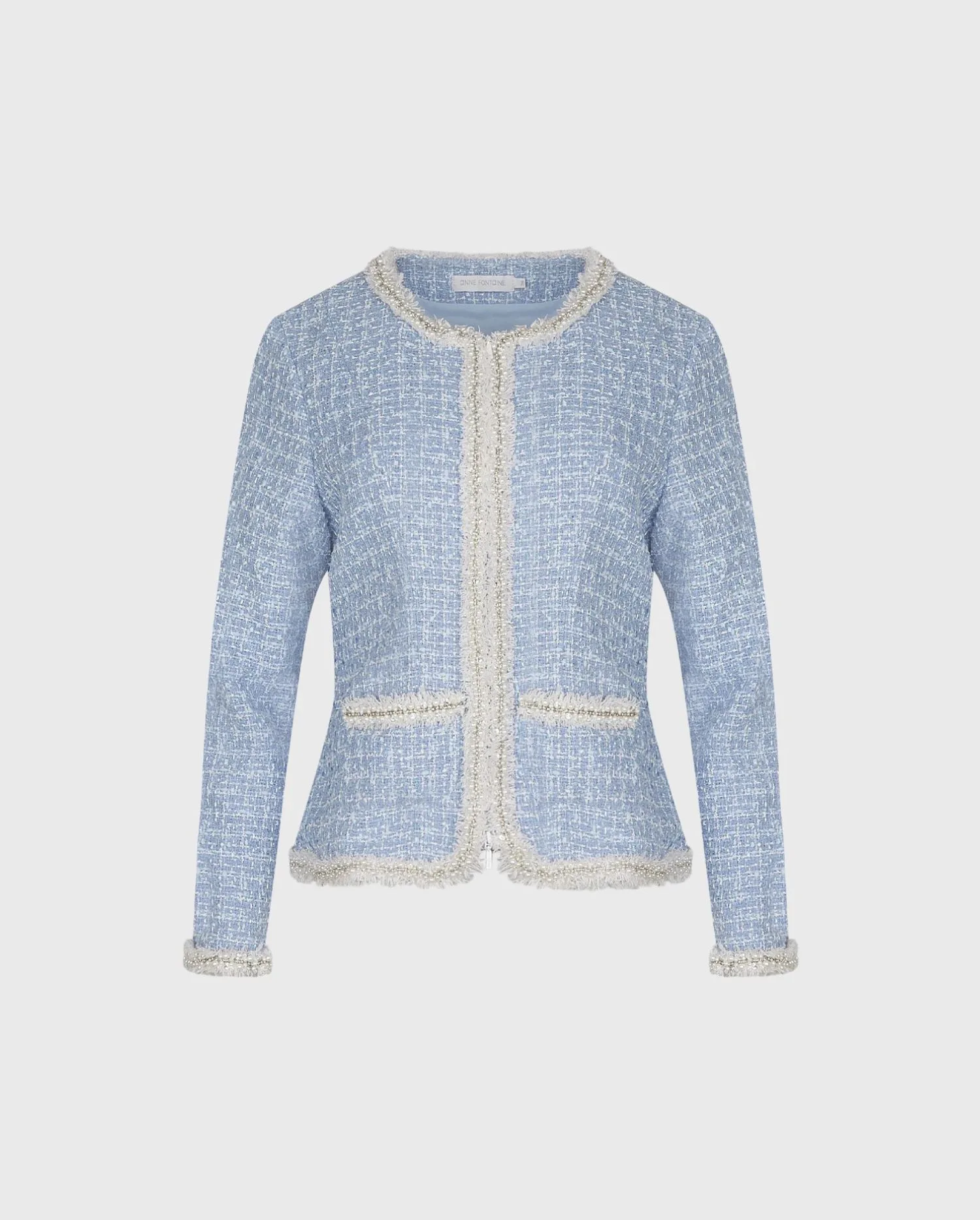 Discover the ROBYN Blue Structured Tweed Jacket With White Pearl And Crystal Trim from designer ANNE FONTAINE