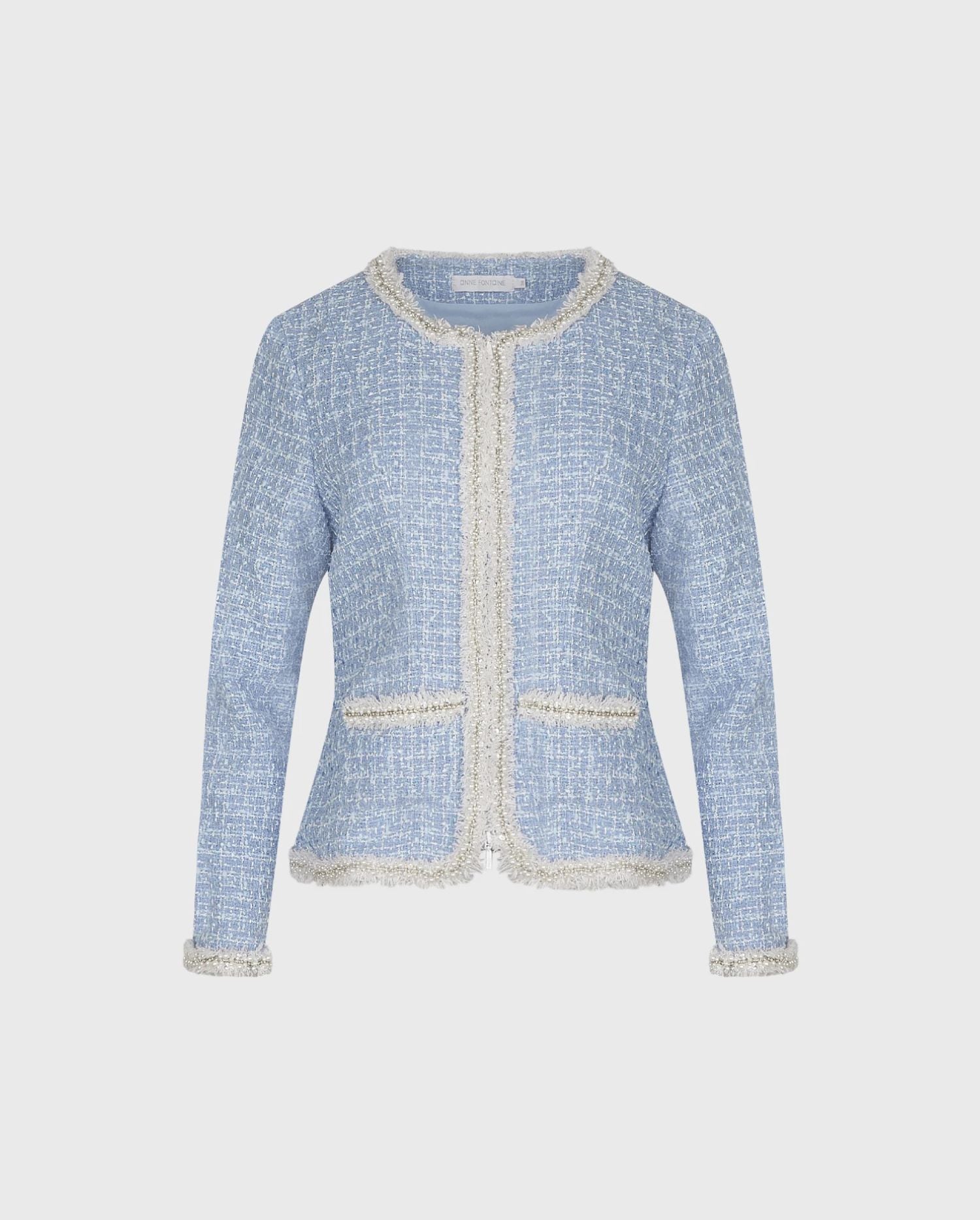 Discover the ROBYN Blue Structured Tweed Jacket With White Pearl And Crystal Trim from designer ANNE FONTAINE