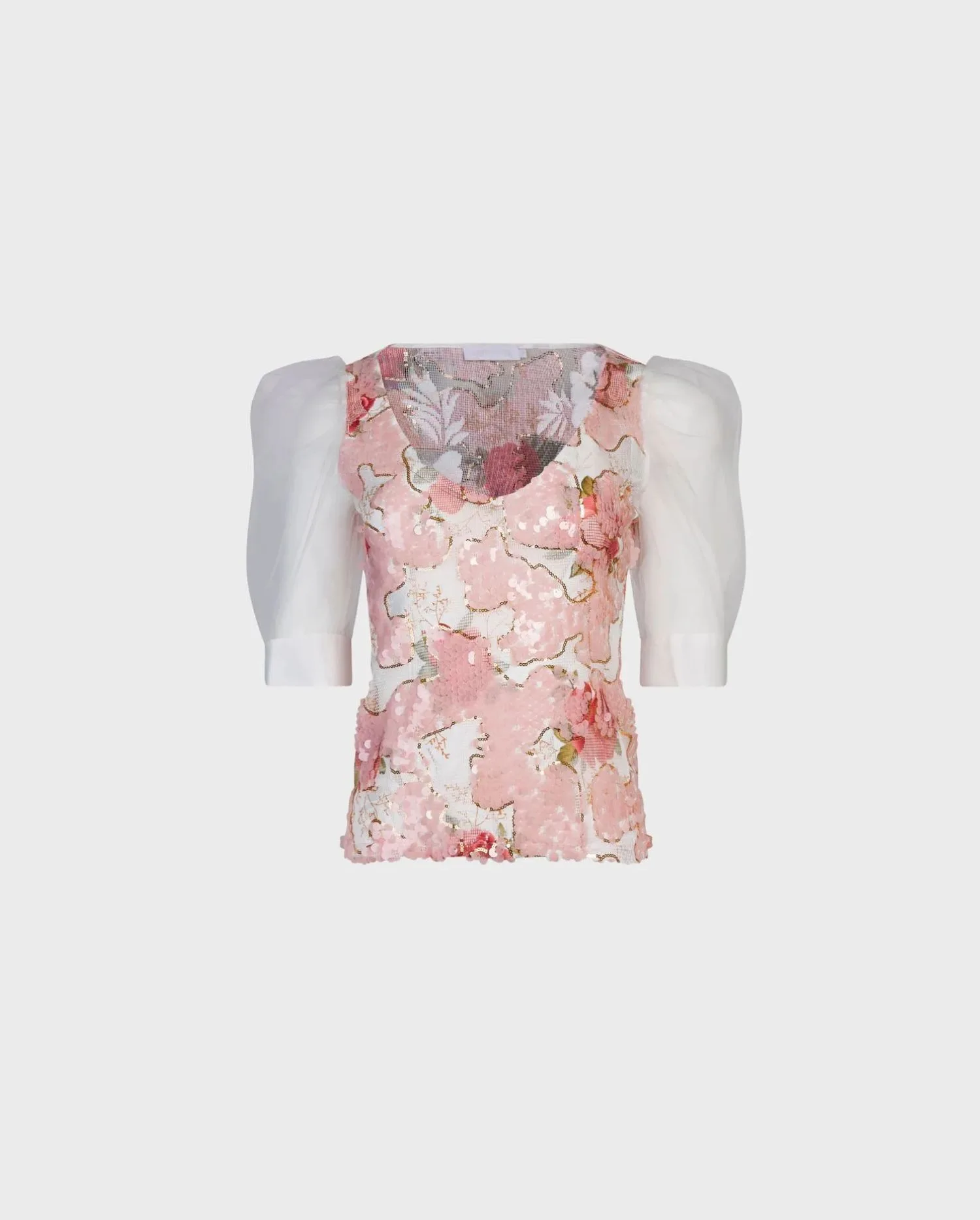 Discover the Rosea Pink and White Rose Sequin Top With Short Mesh Puff Sleeves designer ANNE FONTAINE