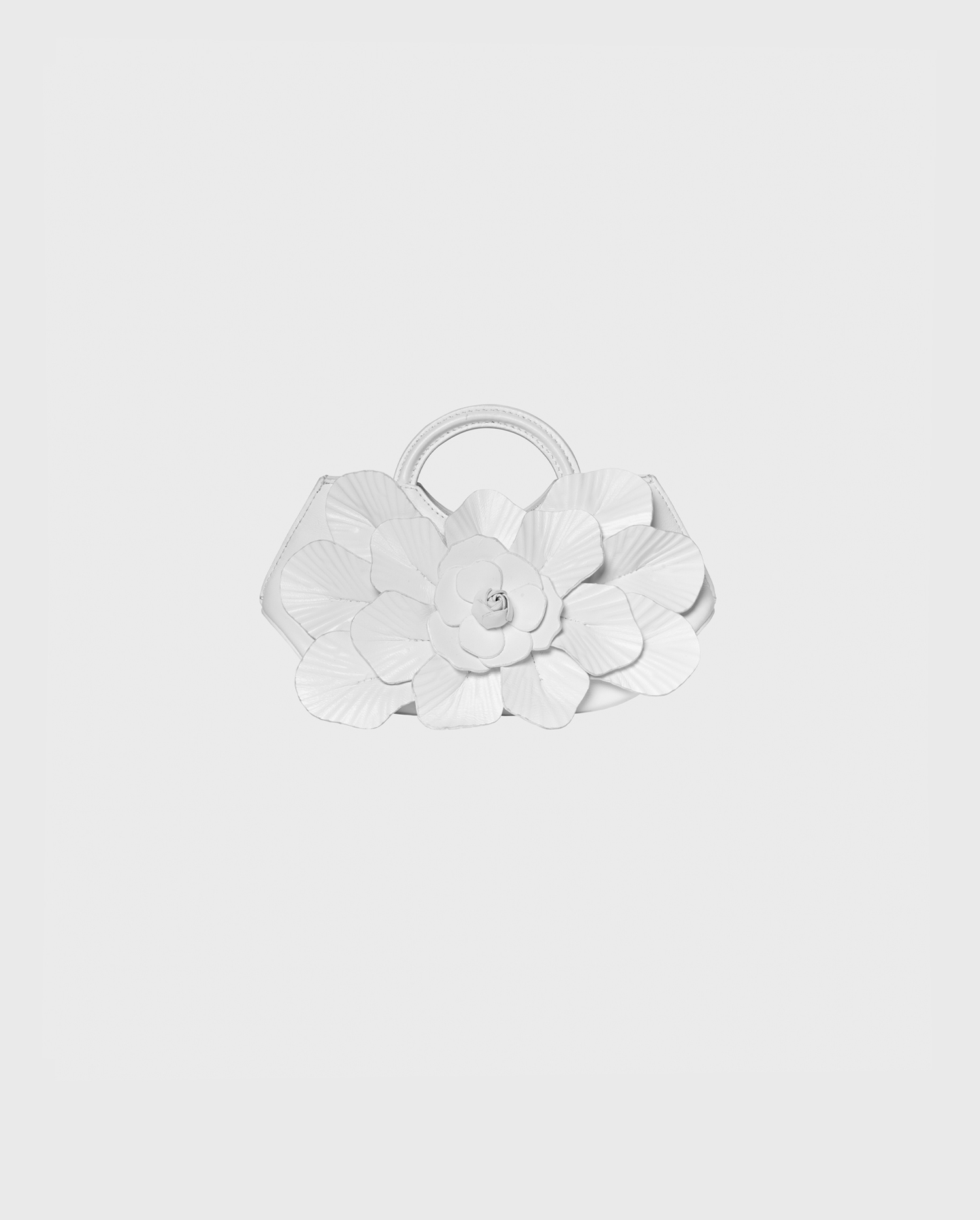 SCARLETT-MINI-WHITE: Signature leather mini floral handbag in white with removeable chain strap