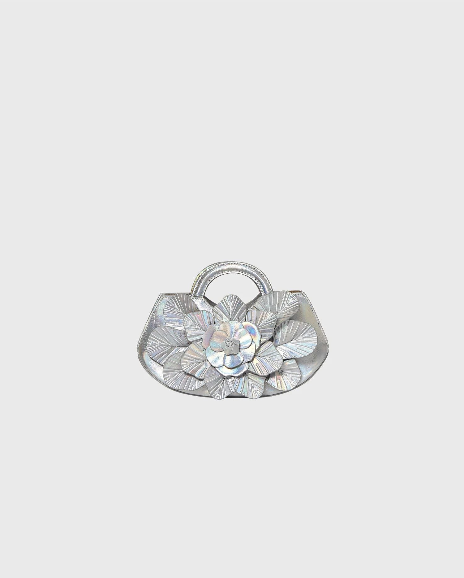 Discover the SCARLETT Silver Iridescent Leather Mini Floral Handbag from designer ANNE FONTAINE