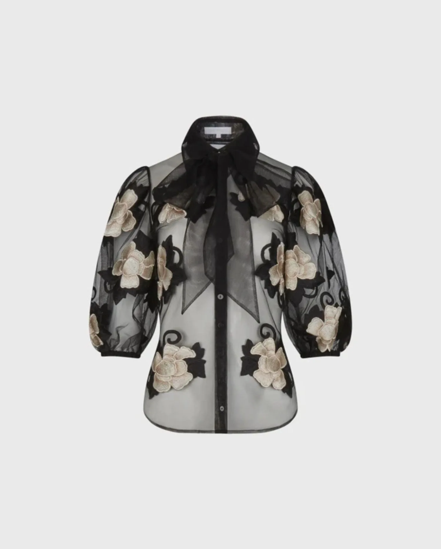 Discover the ESTRELLA Black Sheer Mesh Shirt With Gold and Black Embroidered Flowers by designer ANNE FONTAINE