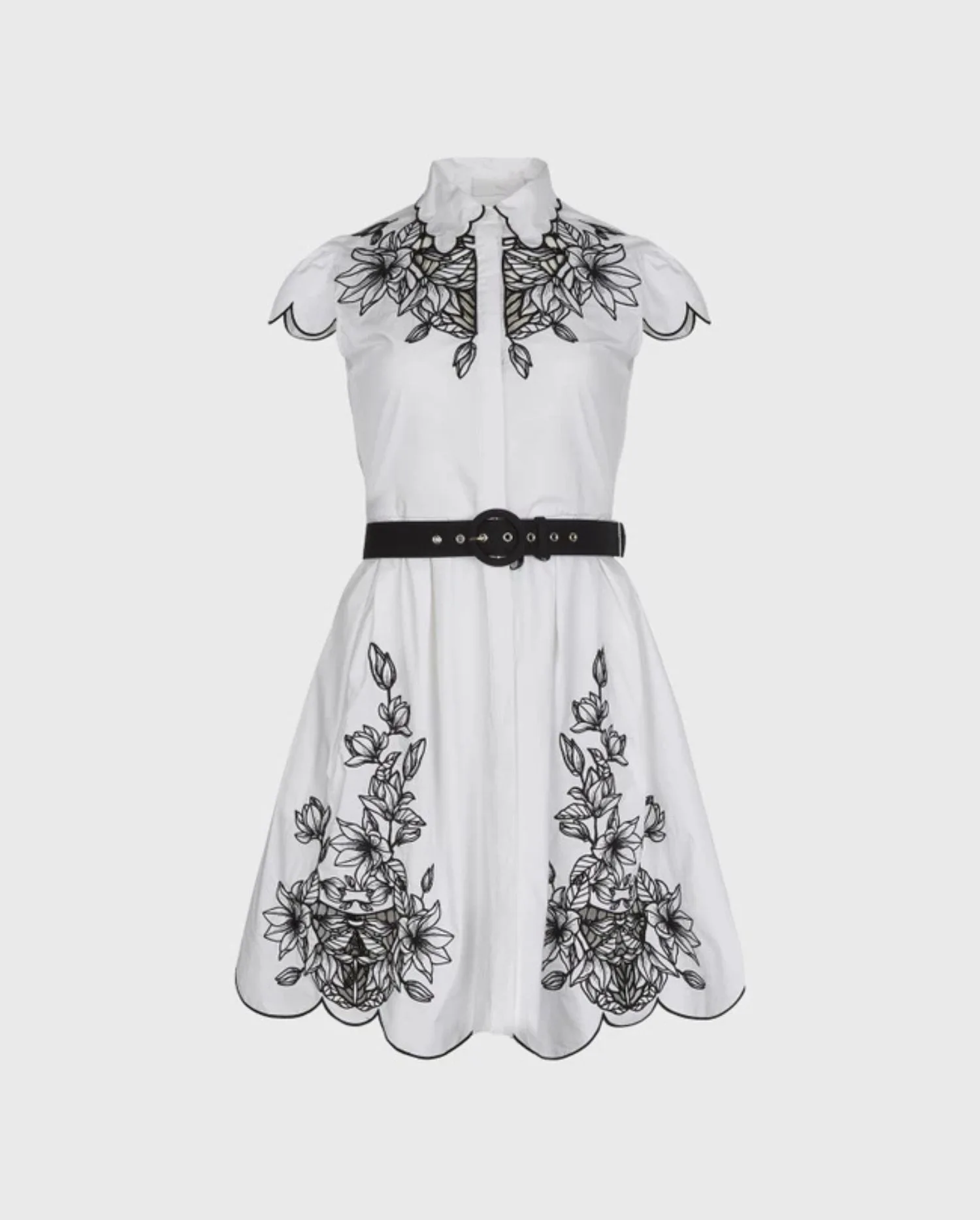 Discover the ADELINA White Poplin Shirt Dress With Black Embroidery Detailing, Scalloped Hem, Pockets & Removable Belt by designer ANNE FONTAINE