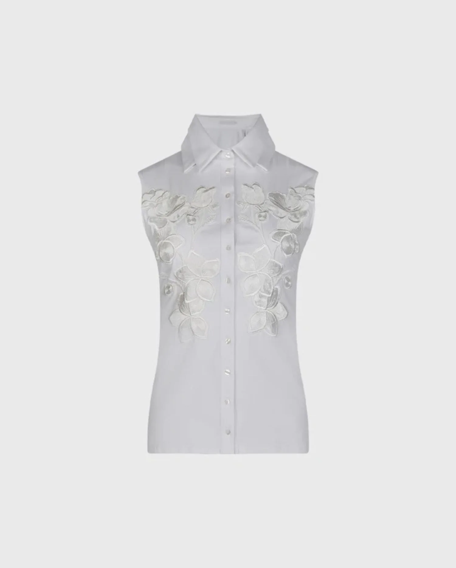 Discover the LICIA Sleeveless White Pima Jersey Cotton Shirt with Embroidered Floral Design by designer ANNE FONTAINE