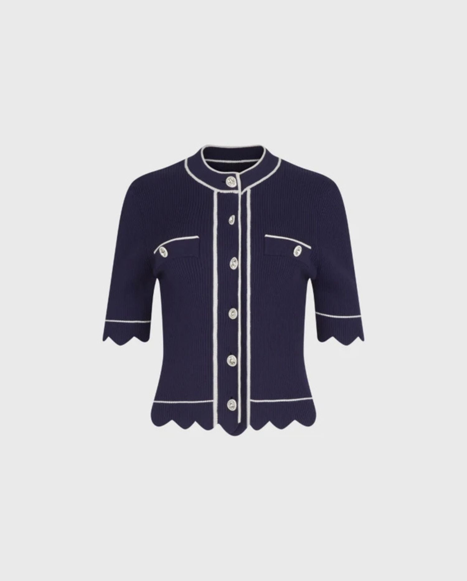 Discover the TAIS Navy Ribbed Cardigan With White Border, Scalloped Sleeves and Crystal Buttons by designer ANNE FONTAINE