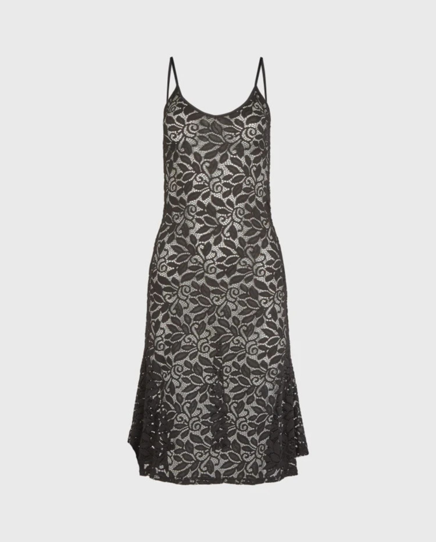 DIscover the AFIDA Black Thin Strap Floral Lace Midi Dress by designer ANNE FONTAINE