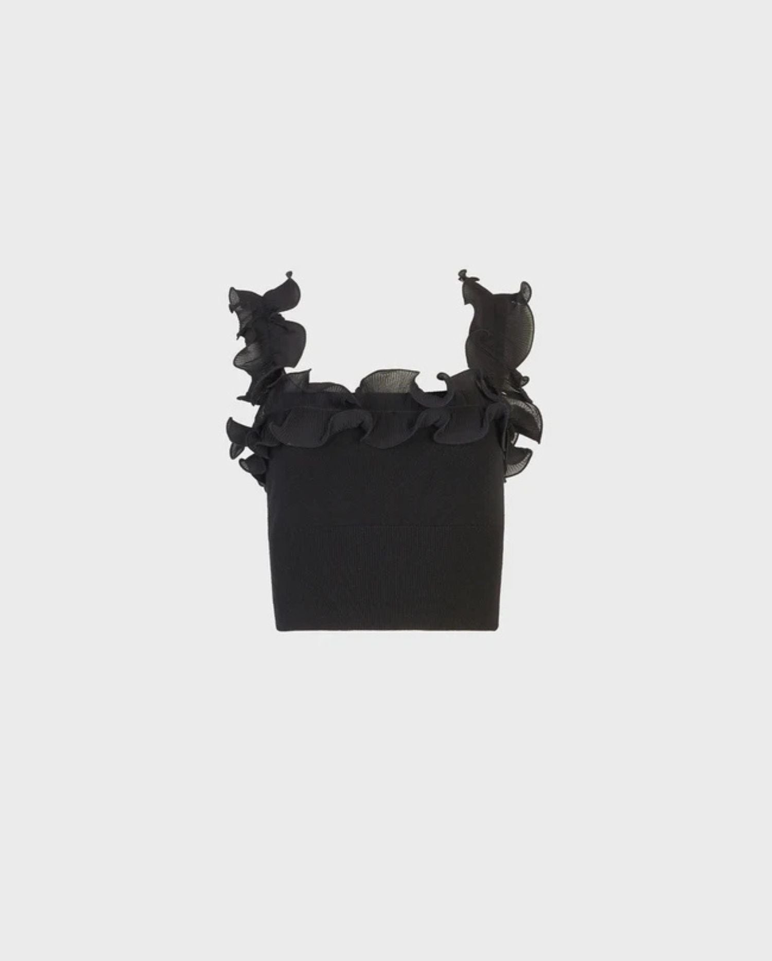 Discover the AMANDE Black Knit Pullover Crop Top With Ruffle Straps by designer ANNE FONTAINE