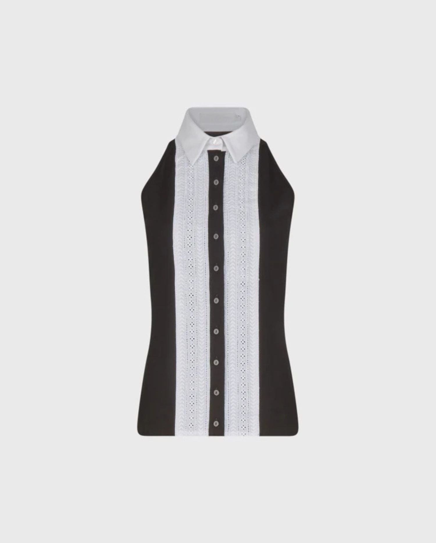 Discover the GINA Black and White Sleeveless Shirt With Lace Ribbon Insert and Point Collar by designer ANNE FONTAINE