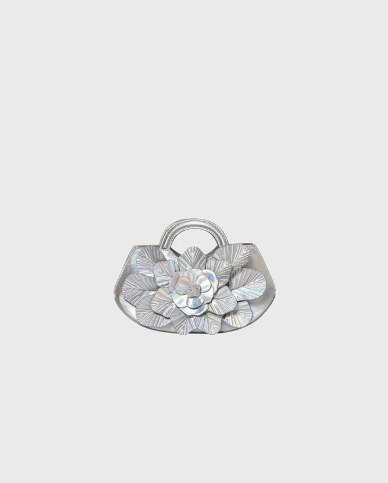 Discover the SCARLETT Silver Iridescent Leather Mini Floral Handbag  by designer ANNE FONTAINE 