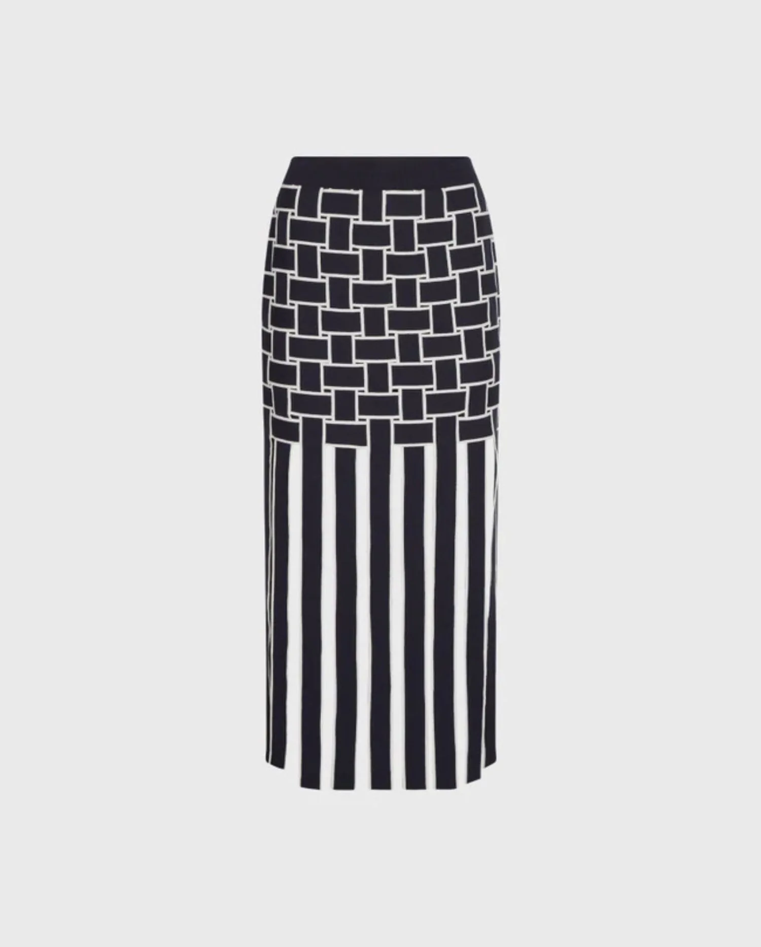 Discover the NINON Dark Navy and White Basket Woven Skirt With Thick Fringes and Waistband by designer ANNE FONTAINE
