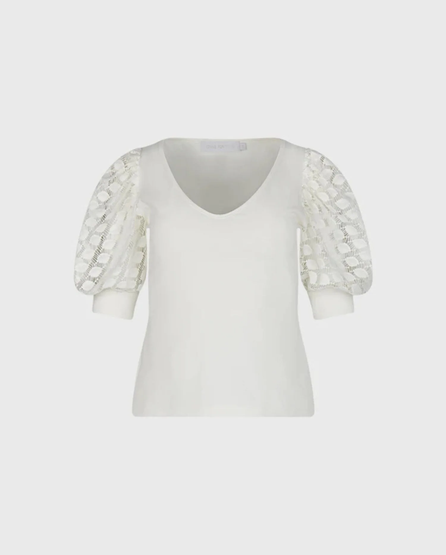 Discover the BROOK White V-Neck Short Sleeve Top with White Open Lace Puff Sleeves by designer ANNE FONTAINE