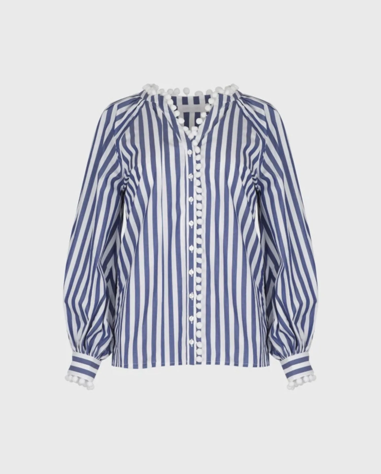 Discover the NELLI Blue and White Thin Striped Poplin Shirt With Pom-Pom Embellished Neckline and Front Placket by designer ANNE FONTAINE