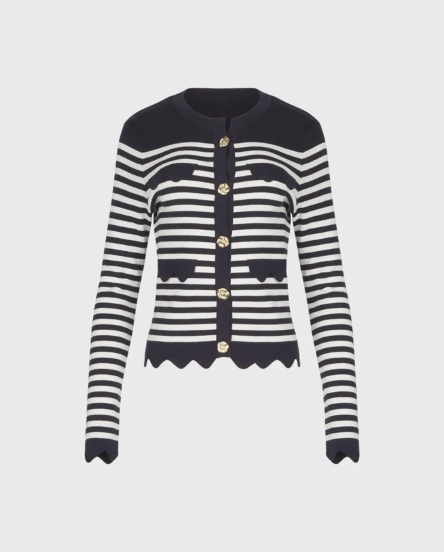 Discover the Viki Blue And White Striped Cardigan With Gold Flower Buttons by designer ANNE FONTAINE 