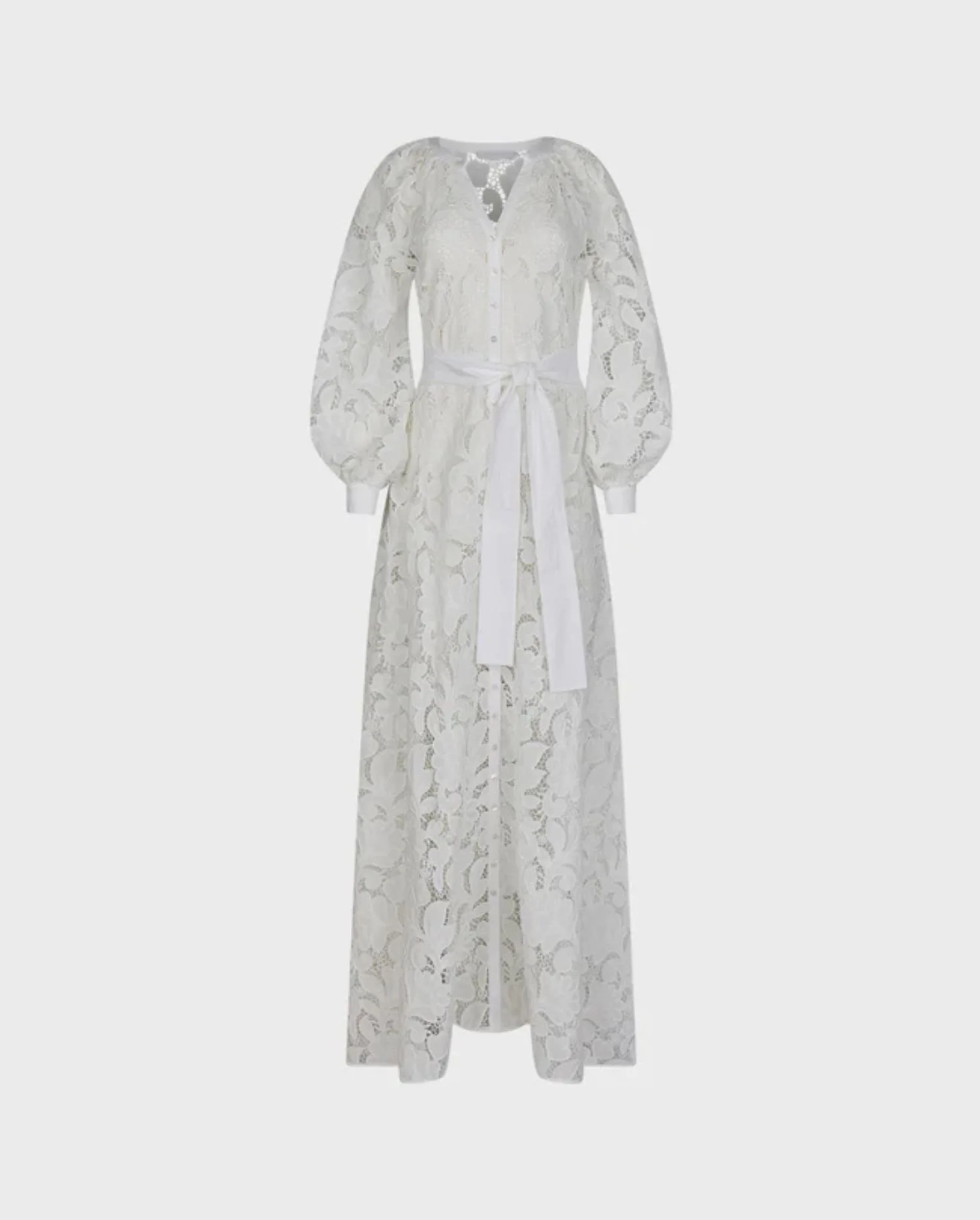 Discover the Elenia White Corded Floral Lace Maxi Dress With French Cuffs & Removable Belt by designer ANNE FONTAINE 