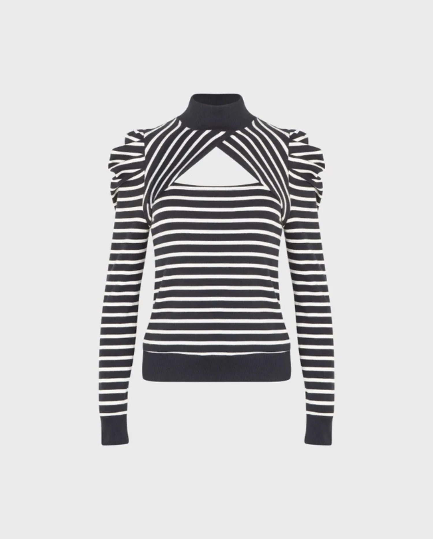 Discover the Claire Dark Navy And White Striped Pullover Knit With Open Criss-Cross Front by designer ANNE FONTAINE