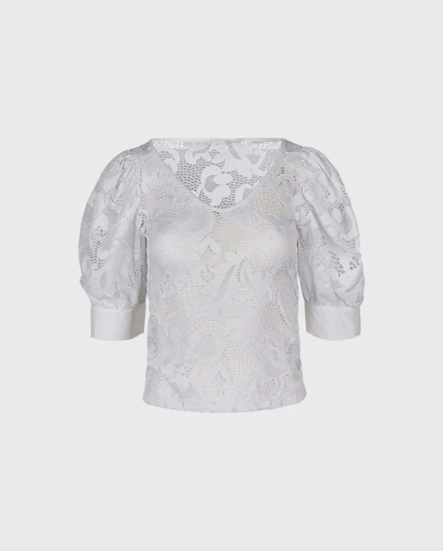 Discover the KATIA White Open Lace Work V-Neck T-Shirt With Puff Sleeves and Poplin French Cuffs by designer ANNE FONTAINE
