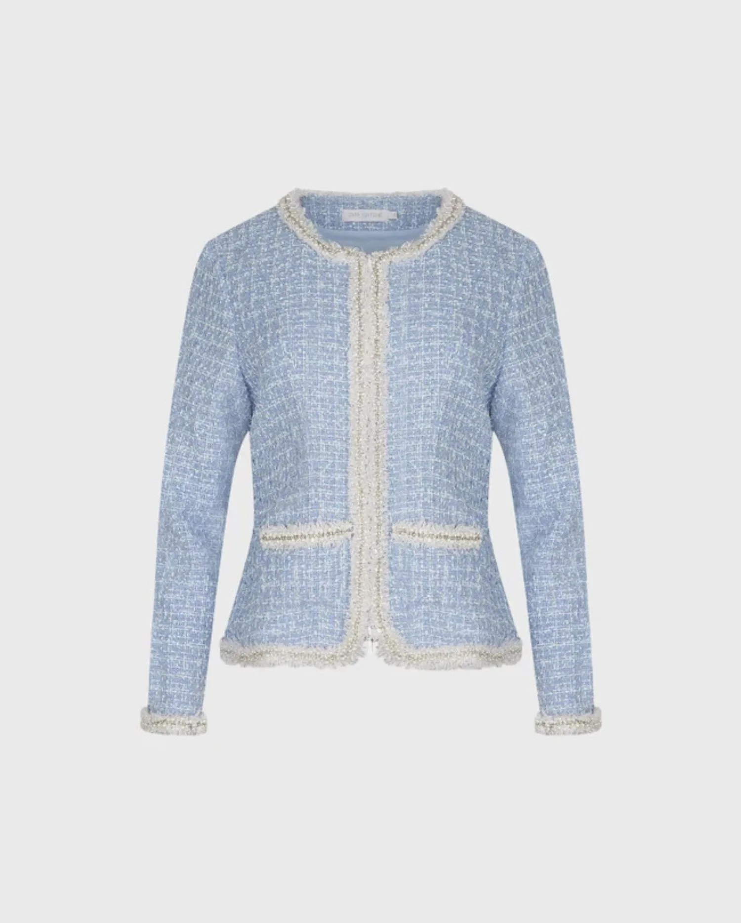 Discover the Robyn Blue Structured Tweed Jacket With White Pearl And Crystal Trim by designer ANNE FONTAINE