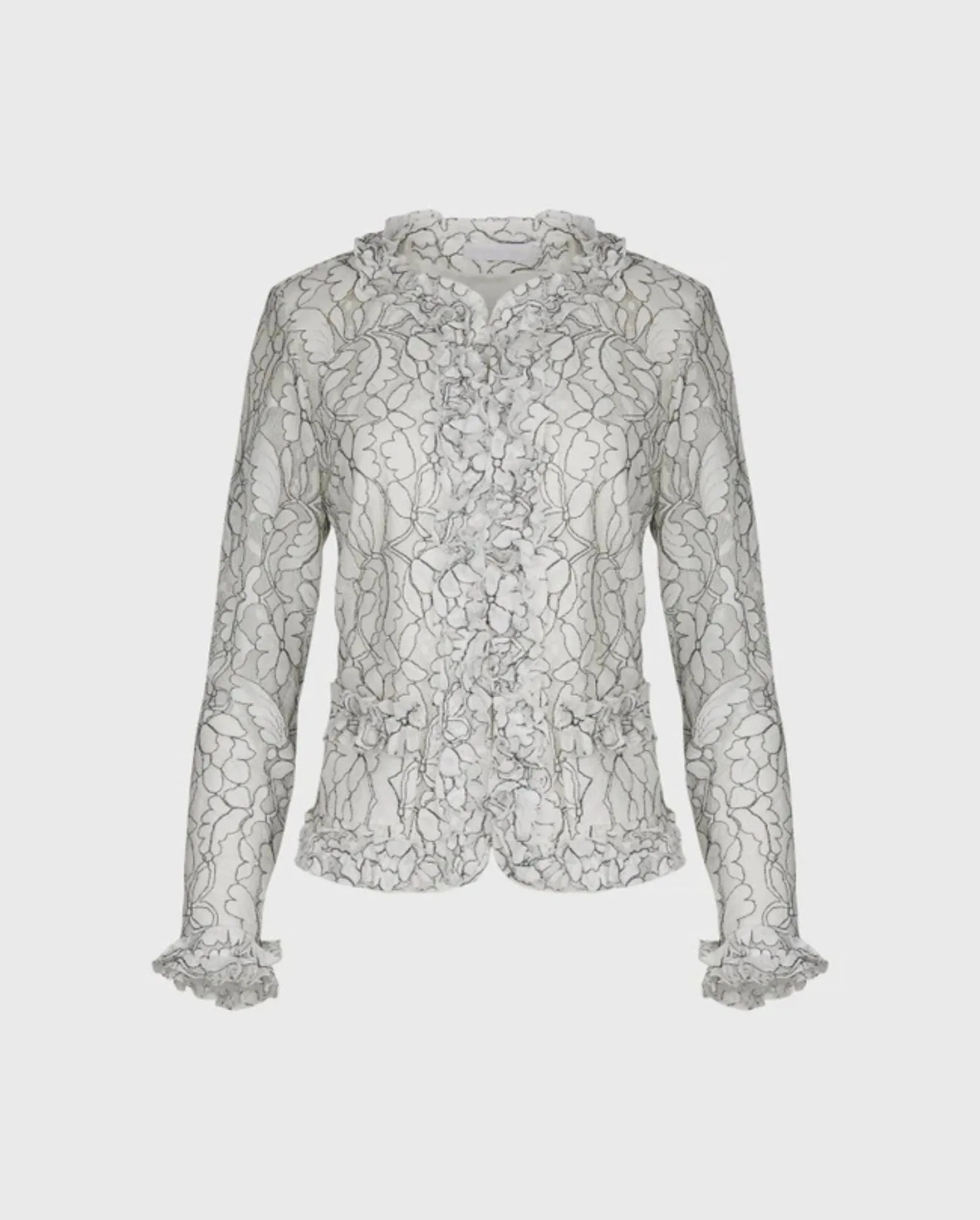 Discover the Giana White & Black Structured Lace Jacket With Ruffle Trim, Patch Pockets And Hook And Eye Closure by designer ANNE FONTAINE 
