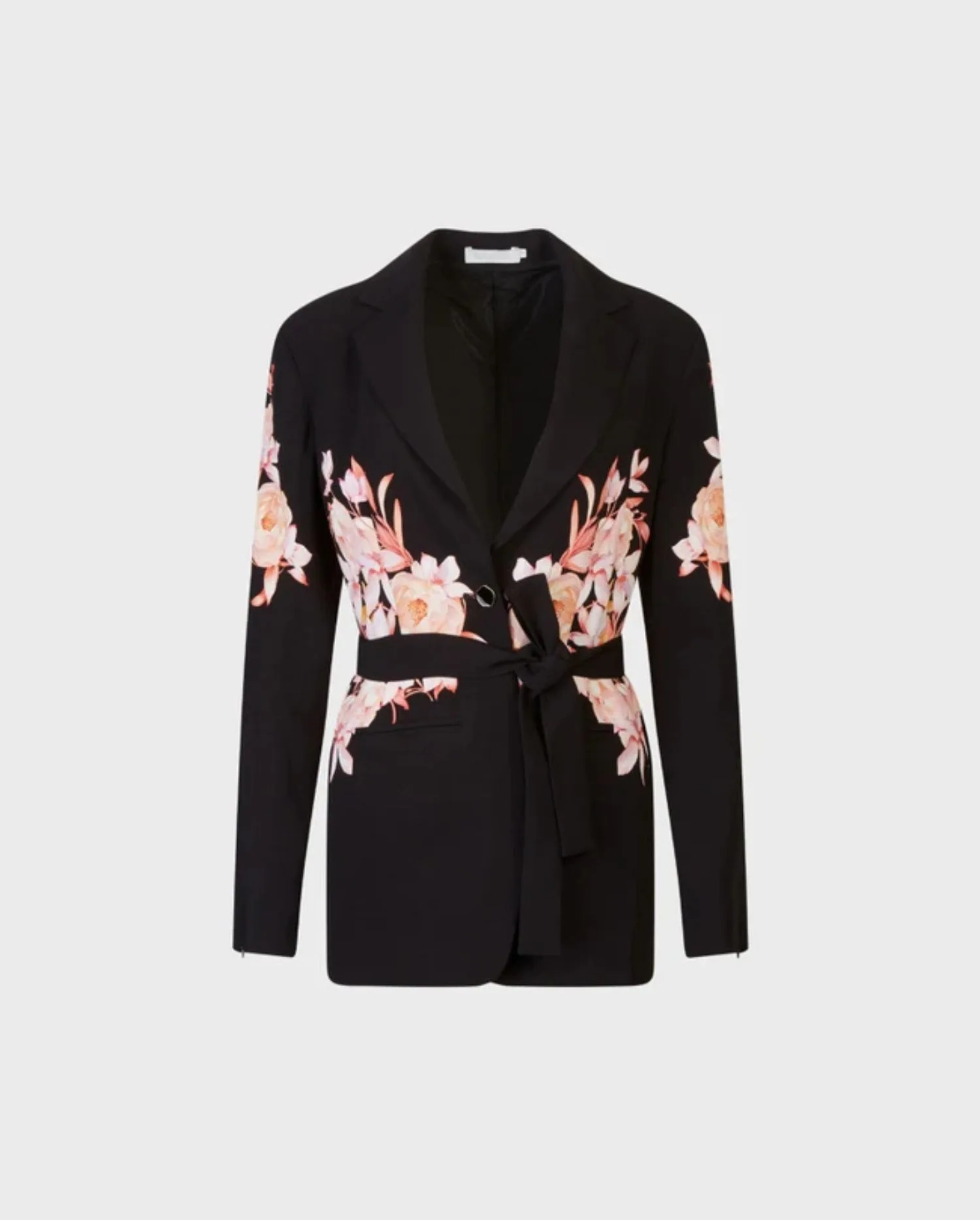 Discover the Vienna Black Blazer With Open Sleeves & Removable Belt Featuring Pink Floral Design by designer ANNE FONTAINE 