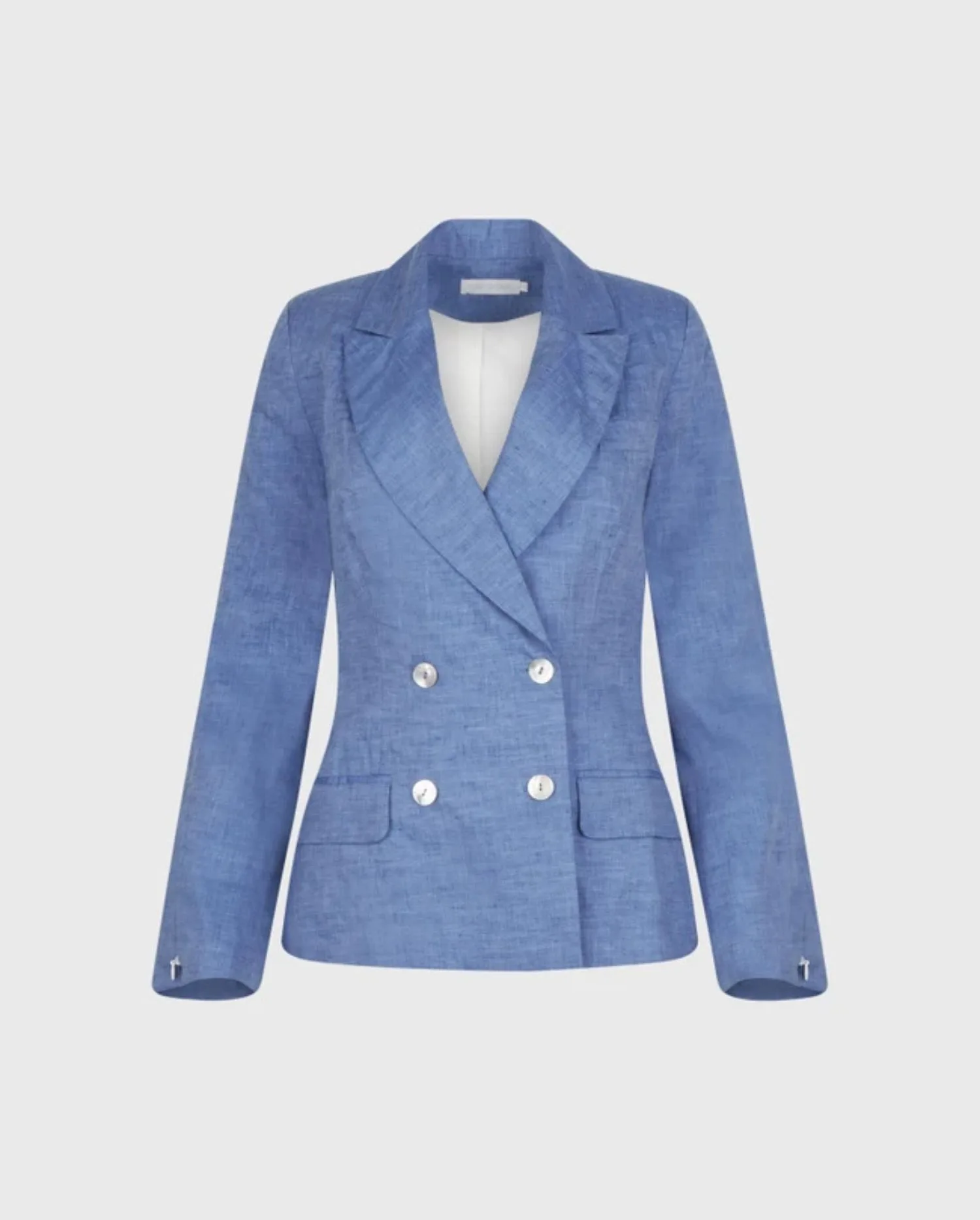 Discover the KAMILLY Chambray Blue Linen Structured Blazer With Pearl Buttons And Zippered Sleeves by designer ANNE FONTAINE