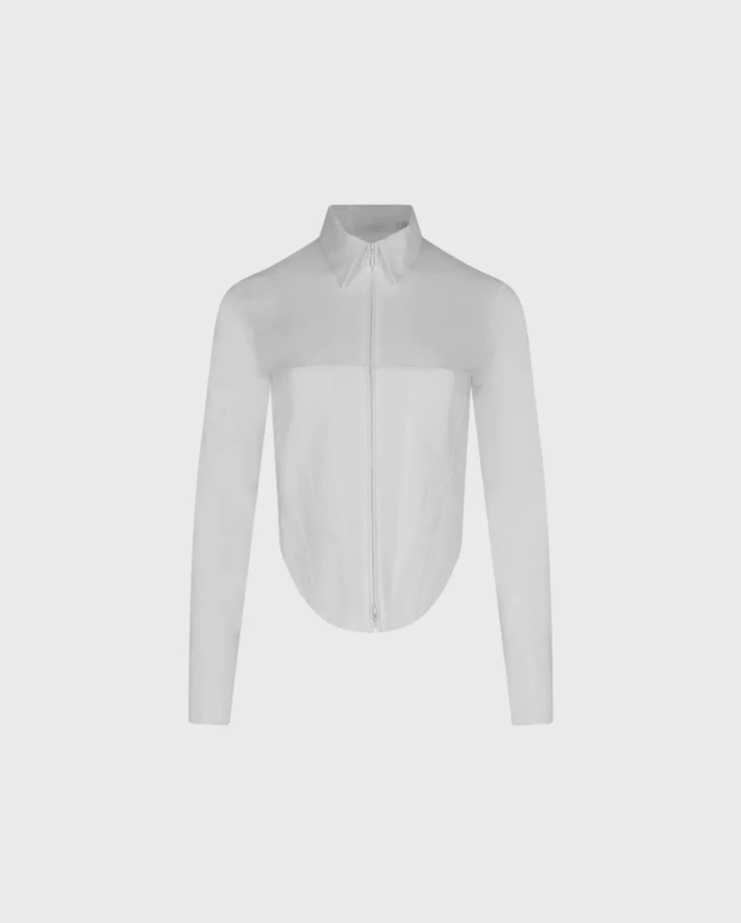 Discover the EDDIE White Long Sleeve Zip Up Jersey Knit Shirt With Pique Corset Body by designer ANNE FONTAINE