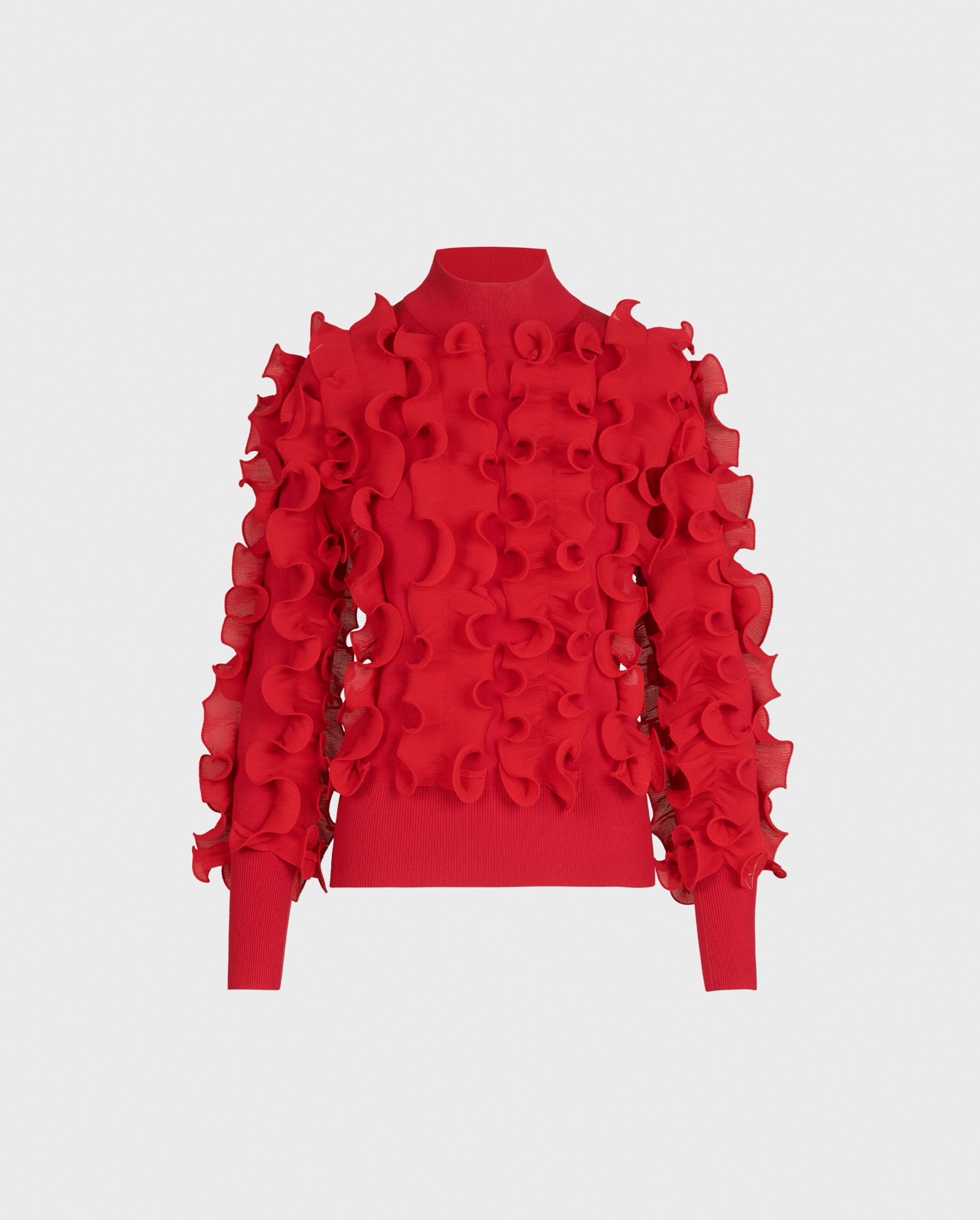 Add Sidaline - Red long sleeve ruffle sweater to your wardrobe for a look of romantic chic