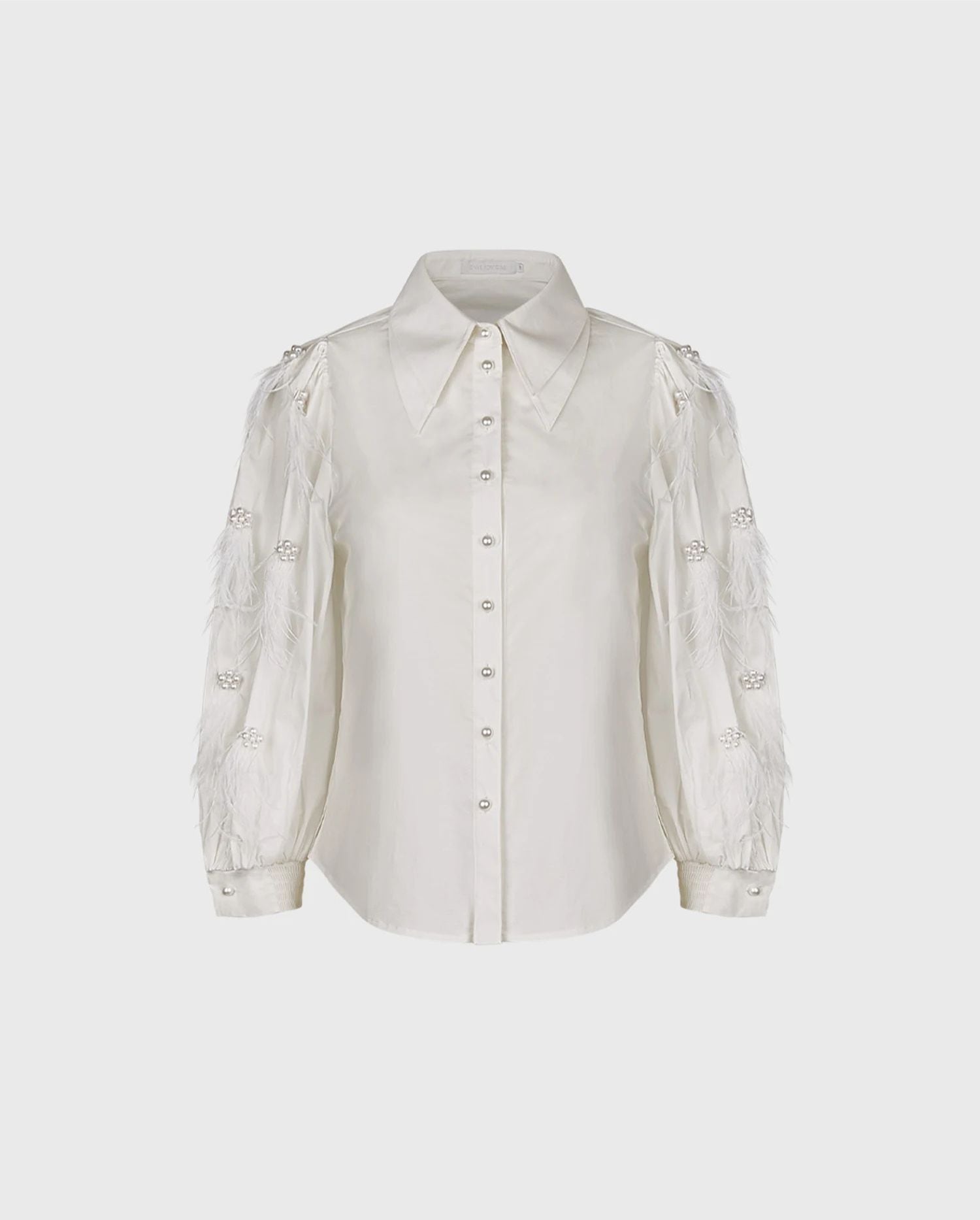 Discover the SIMONE White Button Down Shirt Featuring Wrist Length Sleeves With Feathers & Pearls & Double Collar from designer ANNE FONTAINE