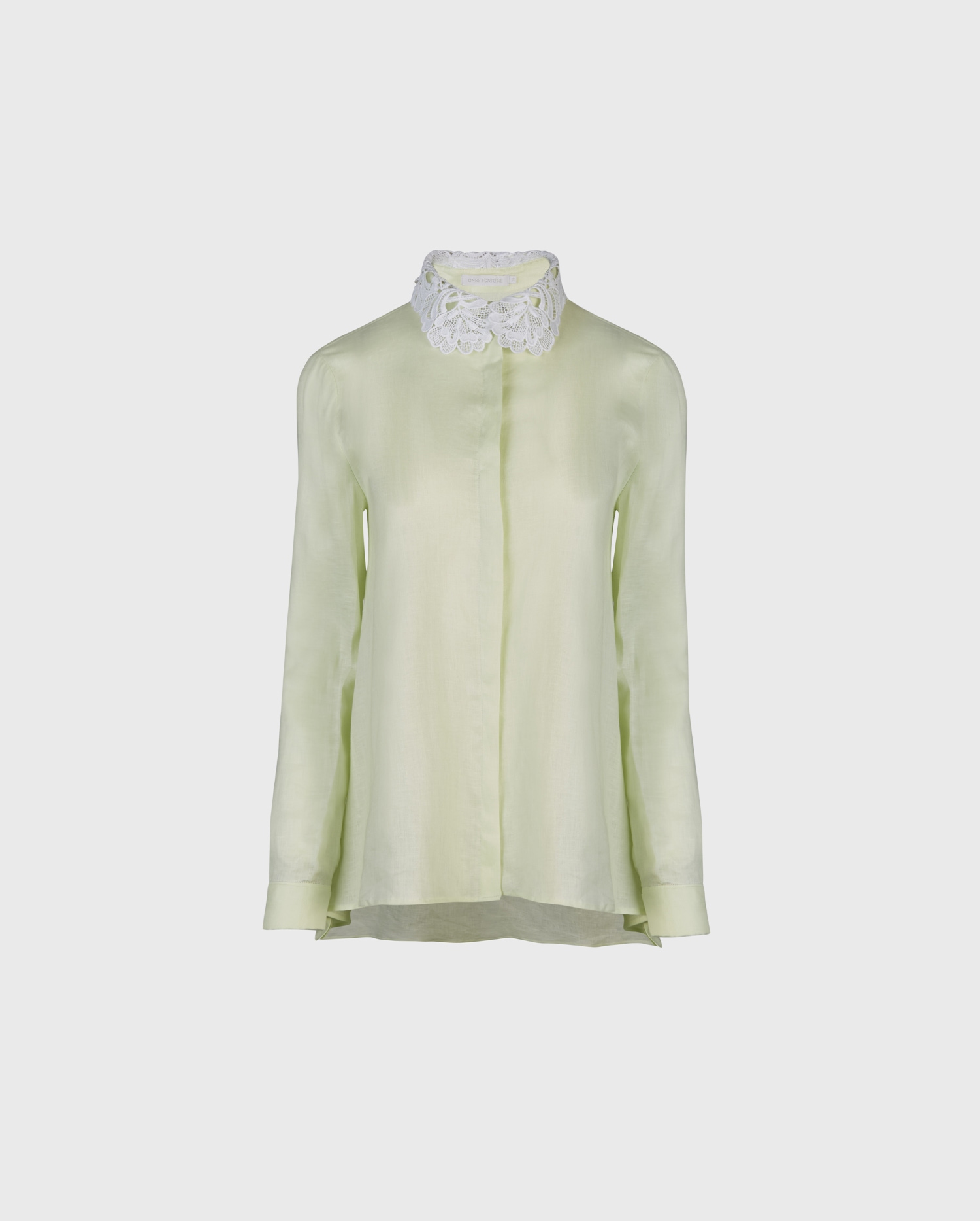 Shop the USTARITZ pastel green linen shirt with white open lace collar from ANNE FONTAINE