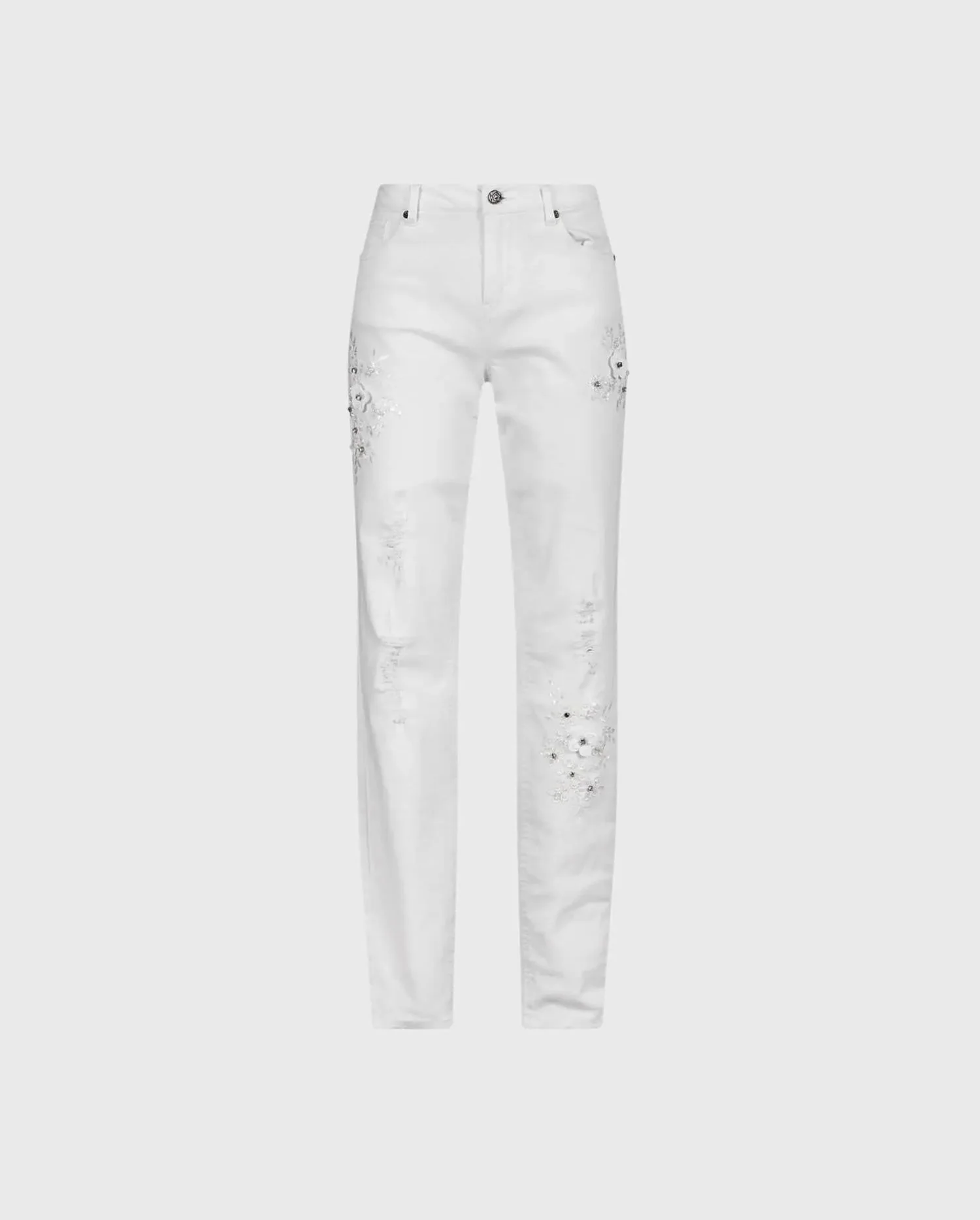 Discover the VALA White Stretch Denim Jeans With Embroidered and Jeweled Flowers by designer ANNE FONTAINE