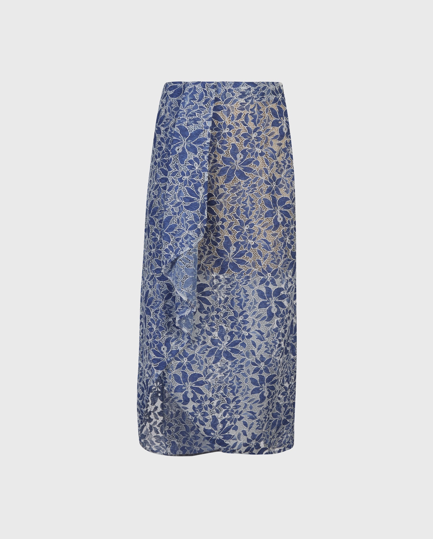 Discover theVAVEL blue and white florial lace tulip skirt with cascading ruffle detail from ANNE FONTAINE