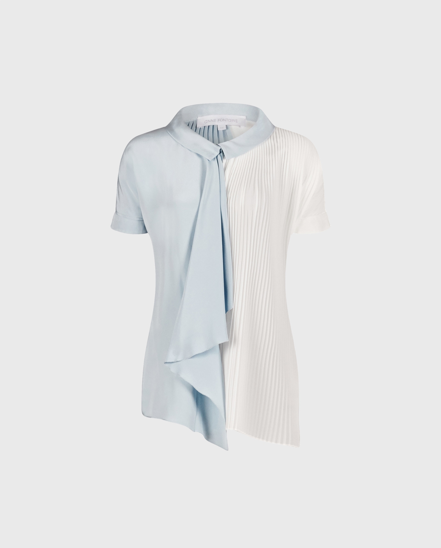 Discover the VEONA Oversized blue and white silk shirt with intricate pleating and ruffle detail from ANNE FONTAINE