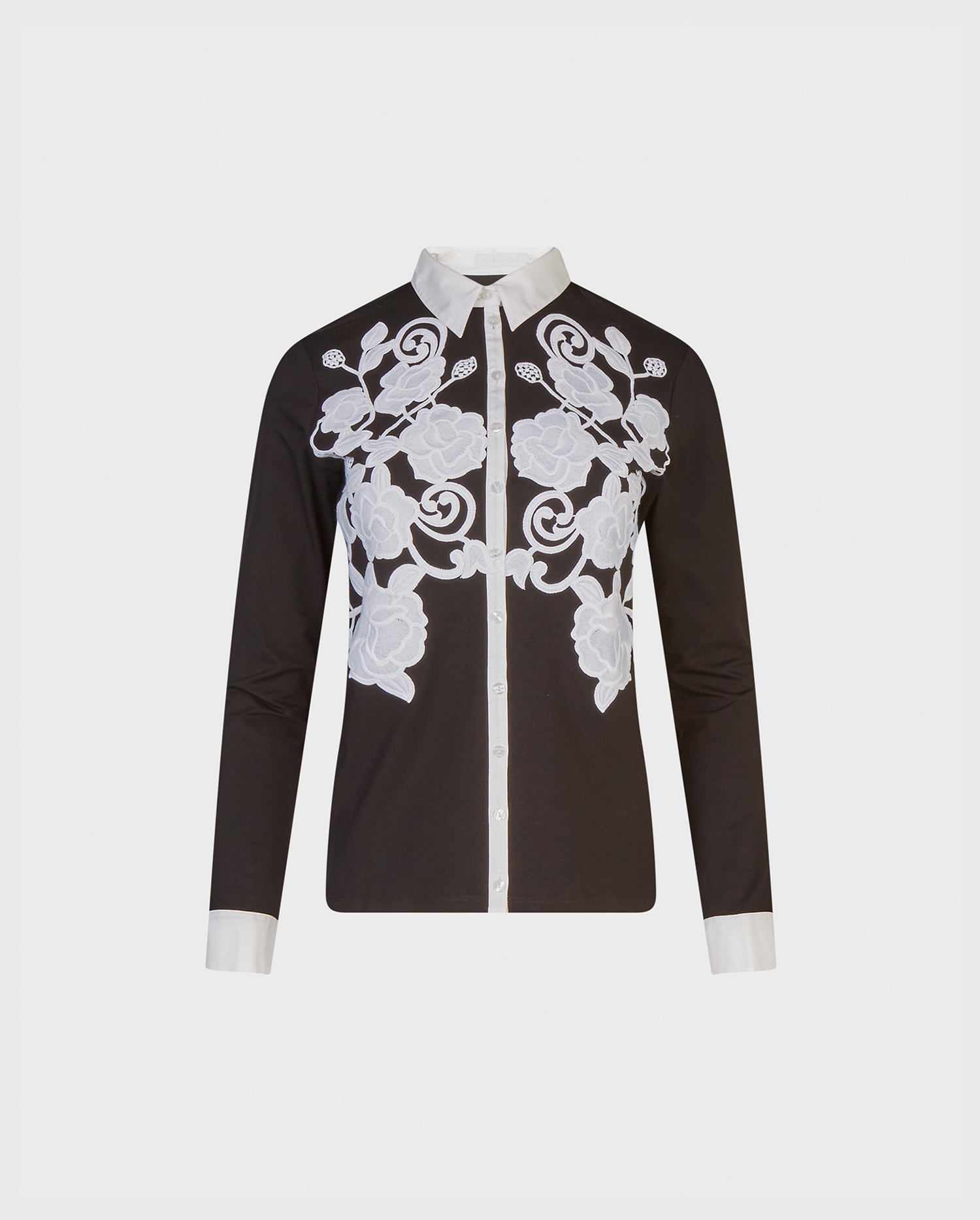Discover the Vianey Black Pima Jersey Shirt With White Floral Applique from designer Anne Fontaine
