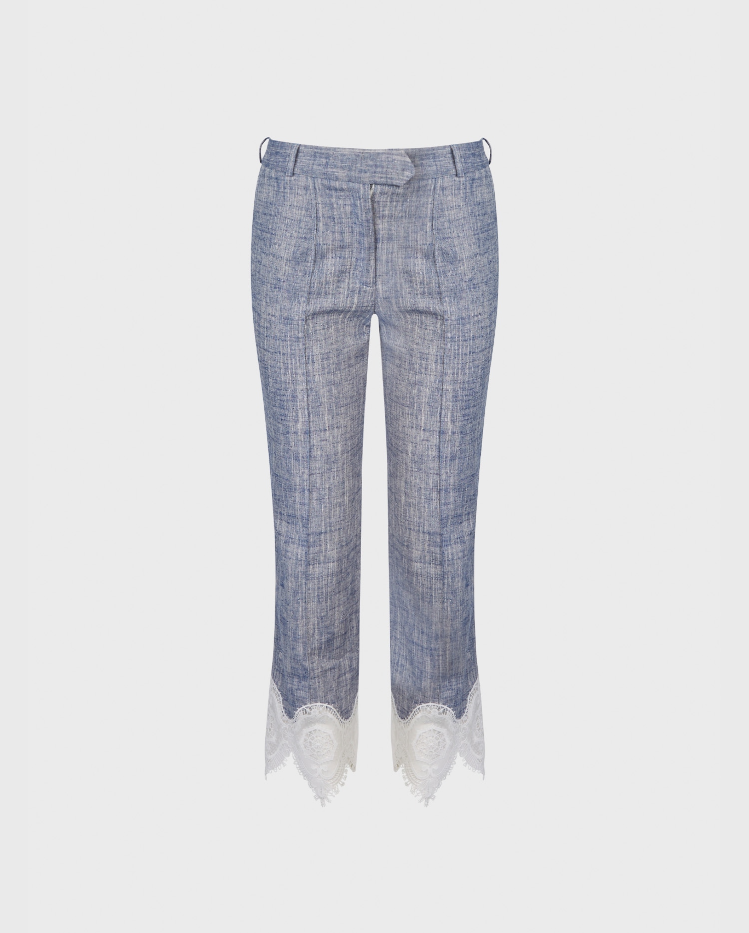 Explore the Vince blue chambray cropped pants enhanced with lace applique at cuff with pockets,  belt loops and concealed tab closure