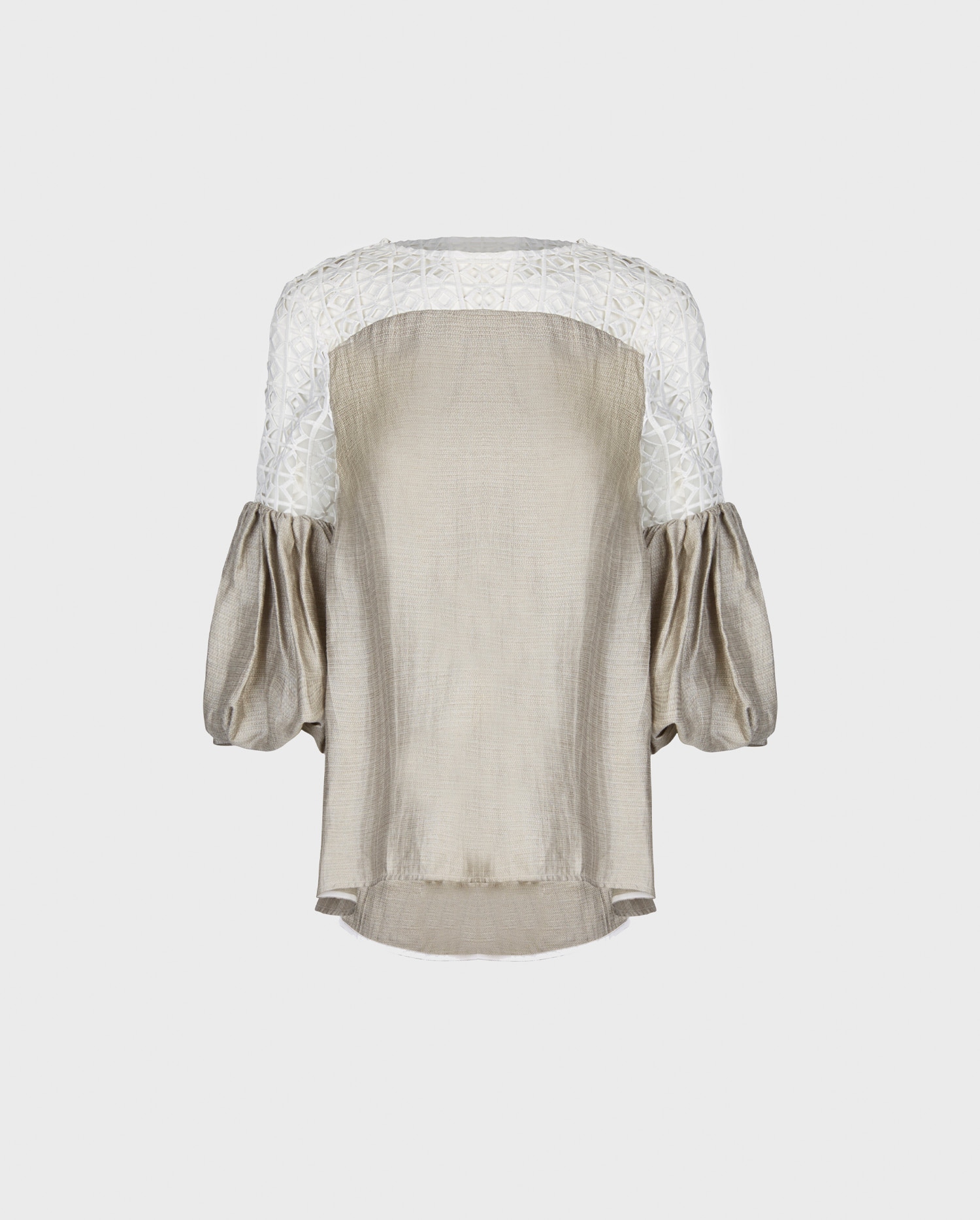 Explore the VINCEL Linen blouse in natural linen color with intricate embroidered white lace yoke and bubble sleeves