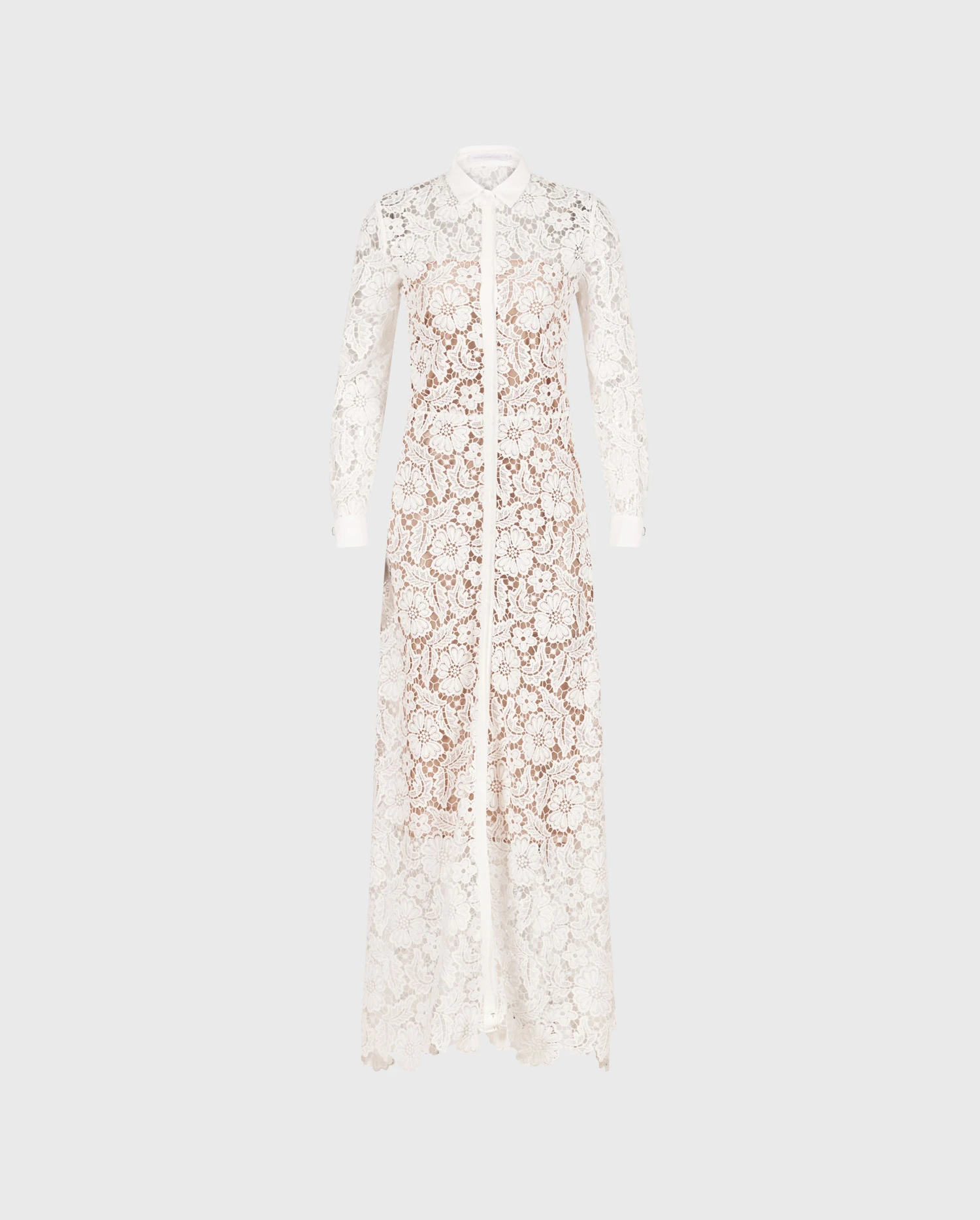 Shop the VIOLETA white semi-sheer floral lace long button down shirt dress from ANNE FONTAINE